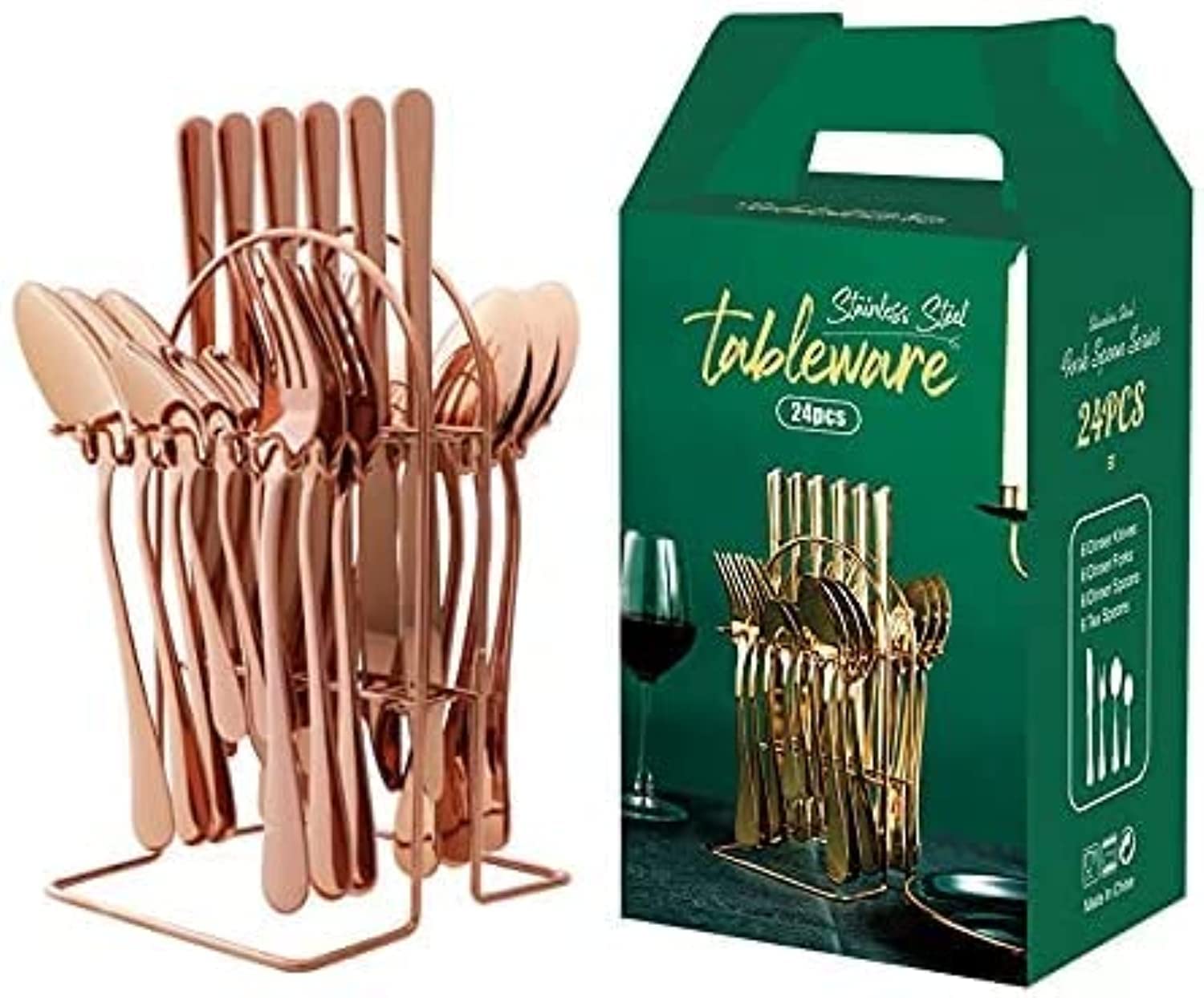 NB 24 Pieces Stainless Steel Flatware Set with Stand, Cutlery Set Mirror Polished, Service for 6, Include Knife/Fork/Spoon/Teaspoon(Rose Gold)