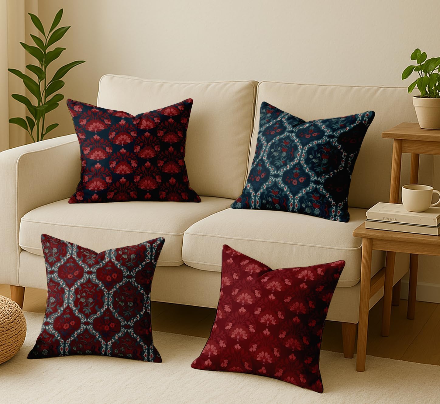 16x16 Inch Cushion Covers Set of 4 - Premium Cotton, Block Print, Reversible Printed Pillow Covers with Concealed Zipper - Maroon