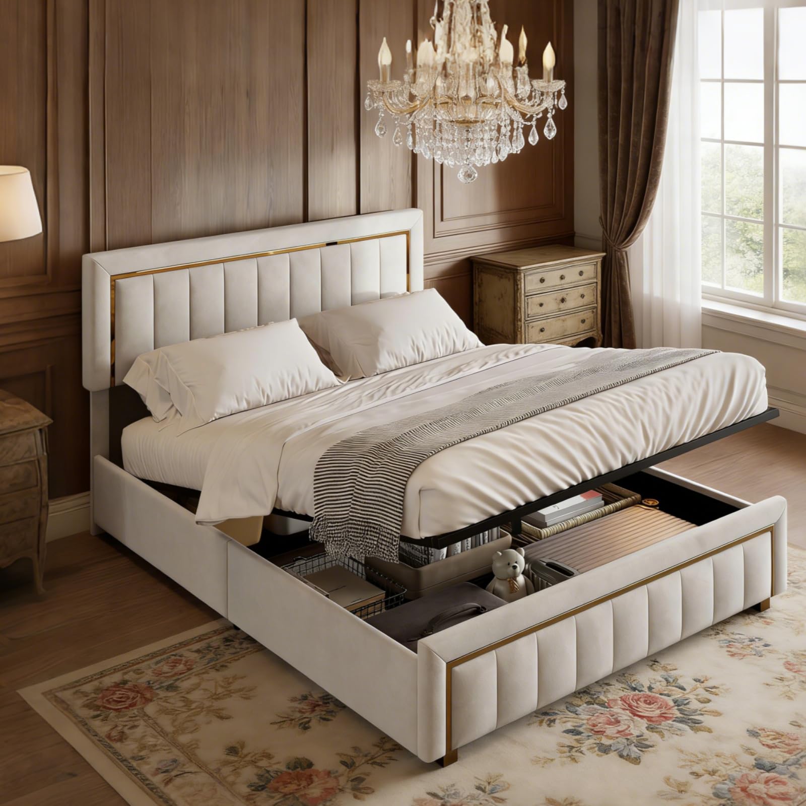 cama Matrimonio 160x200, Cama Doble Acolchada Tapizada con Almacenaje y Cabecero, sin Colchón (Blanco, 160x200 cm)