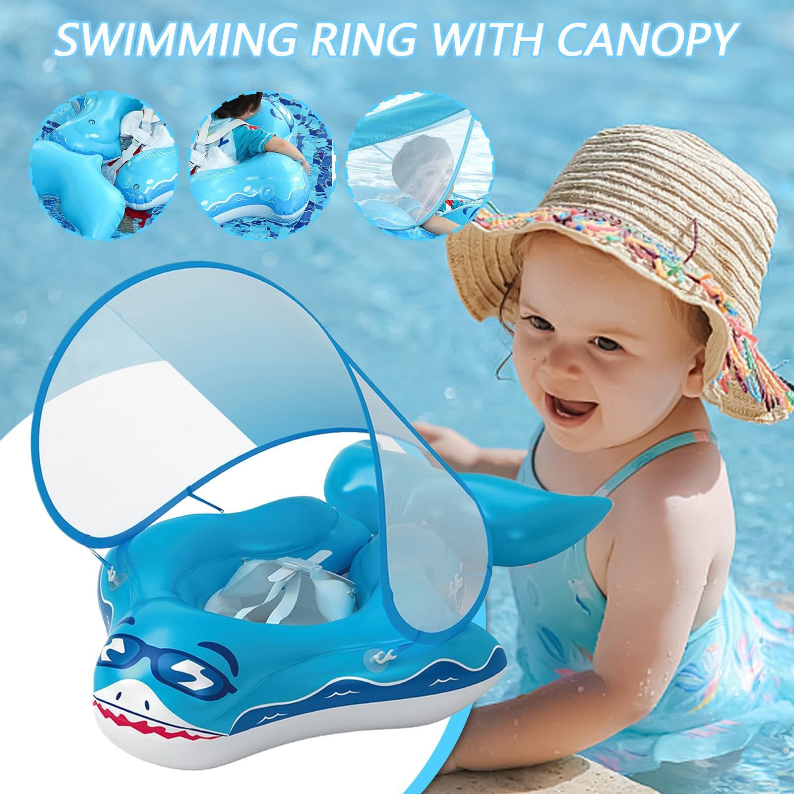 Bouée de natation pour bébé avec toit ombragé | Bouée de natation sûre pour bébé avec protection solaire pour piscine | Anneau pliable en forme de requin amusant avec ombre pour la natation en plein
