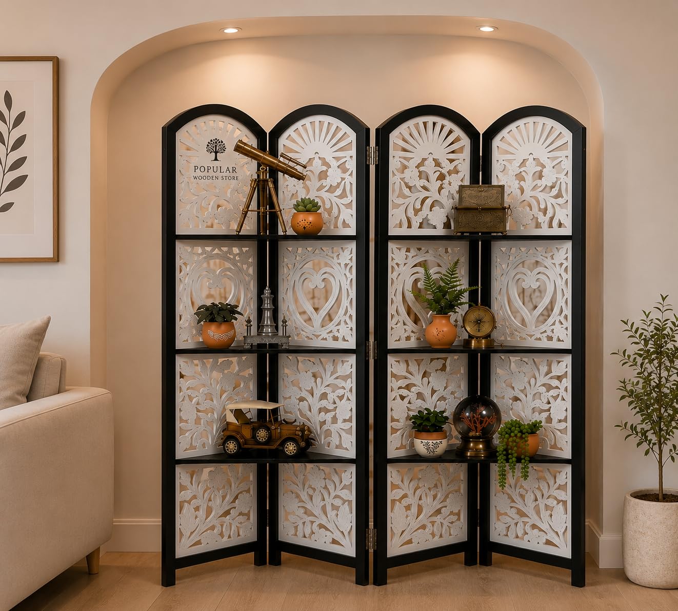 Wooden Room Partition Mix Pattern Room Divider for Bedroom, House, Living Room,Office, Kitchen, Restaurant, Pooja Room Square Design 6 Feet 4 Panel White and Black with Shelf-image-35
