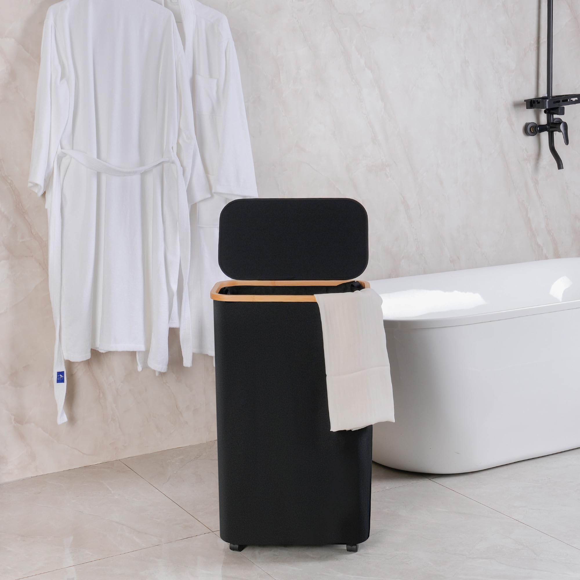 efluky Cesto de Ropa Sucia con Ruedas, Cesto de Ropa Sucia Plegable de 75L con Tapa, Cesta de Ropa Sucia Plegable con Asas de Bambú y Bolsa Extraíble para Dormitorio, Baño, Lavadero