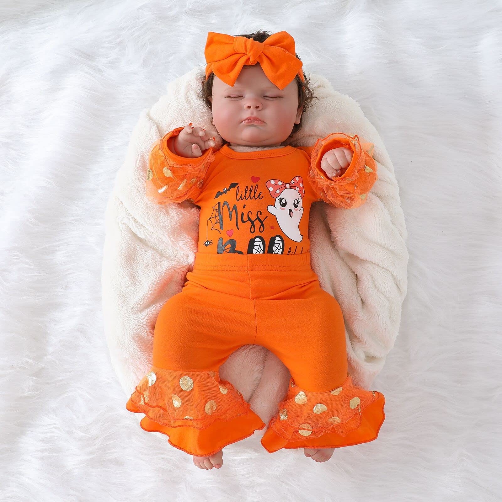 JLKGICF Halloween Baby Girls Outfits Mesh Polka Dots Romper Top Ruffle Flared Pants Infant Fall Outfit Cute Halloween Clothes (Halloween Orange,0-3 Months)