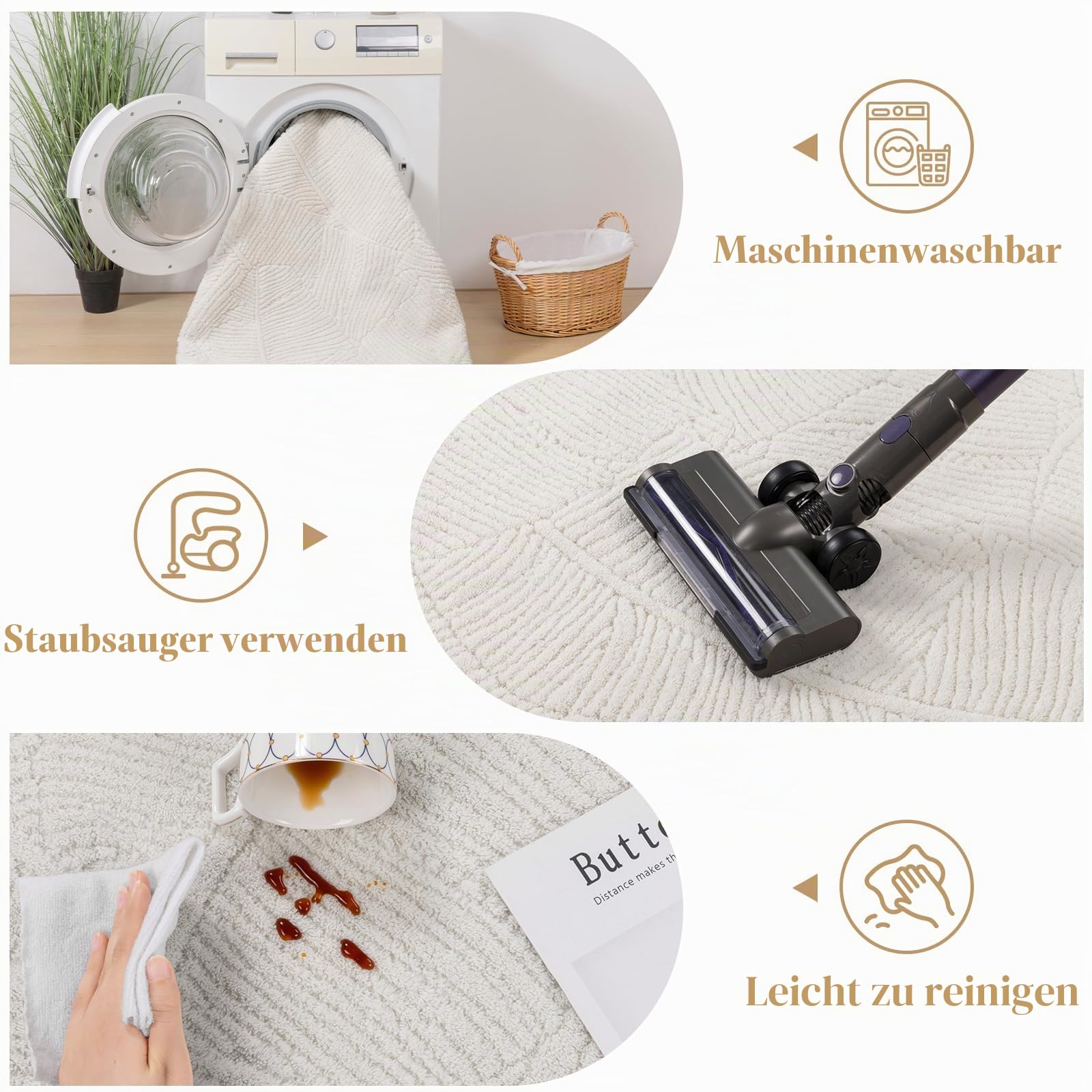 Enyhom Teppich Wohnzimmer Beige 200 x 300 cm Kurzflor Waschbarer Küchenteppich Moderner Wohnzimmerteppich Pflegeleicht Teppiche für Schlafzimmer Esszimmer