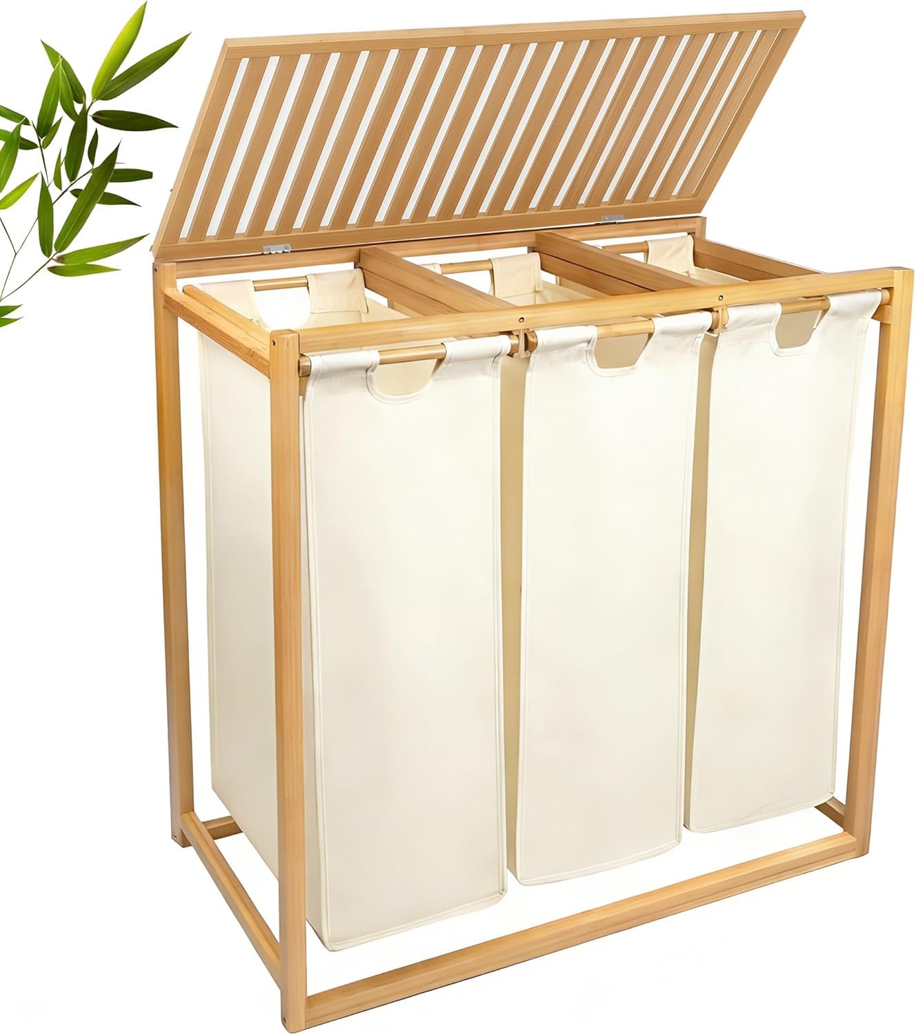 Corbeille à linge 3 compartiments en bambou 150L avec plateau supérieur