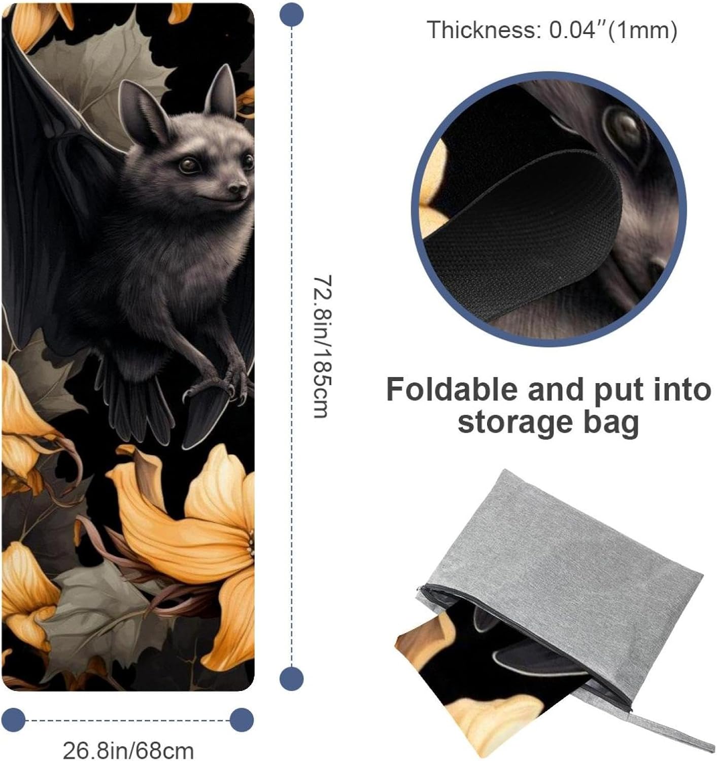 Yoga Towel, Bat Pattern Non Slip Sweat Absorbent Hot Yoga Mat Towel for Hot Yoga, Pilates and Fitness - 72.8" x 26.8"