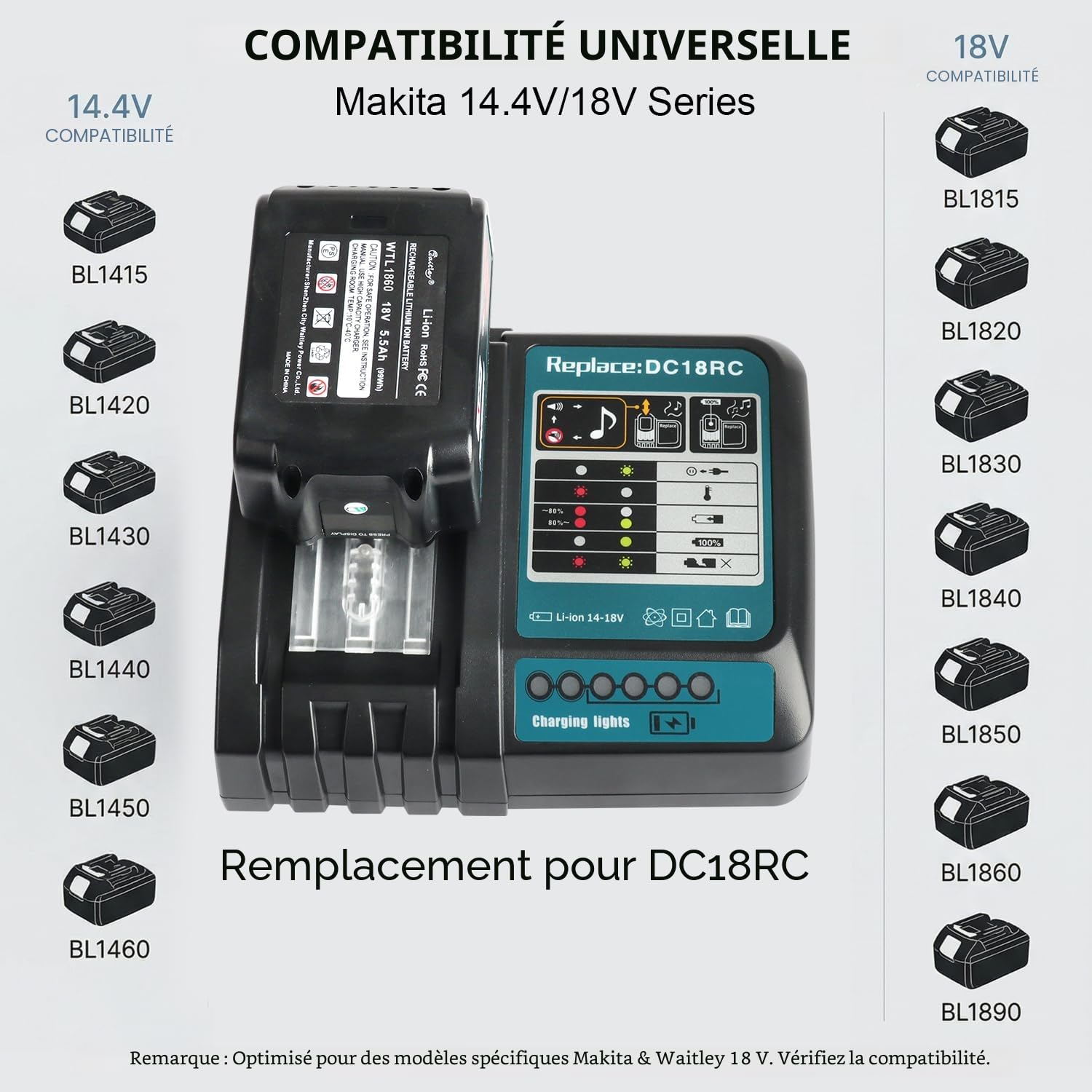 Waitley DC18RC Chargeur pour Makita 14.4V ~ 18V Batterie BL1860B BL1860 BL1850B BL1850 BL1840B BL1840 BL1415 BL1430