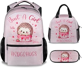 UNIKITTY Hedgehog Backpack with LunchBox, Set of 3 School Backpacks Matching Combo, Cute Pink Bookbag and Pencil Case Bundle