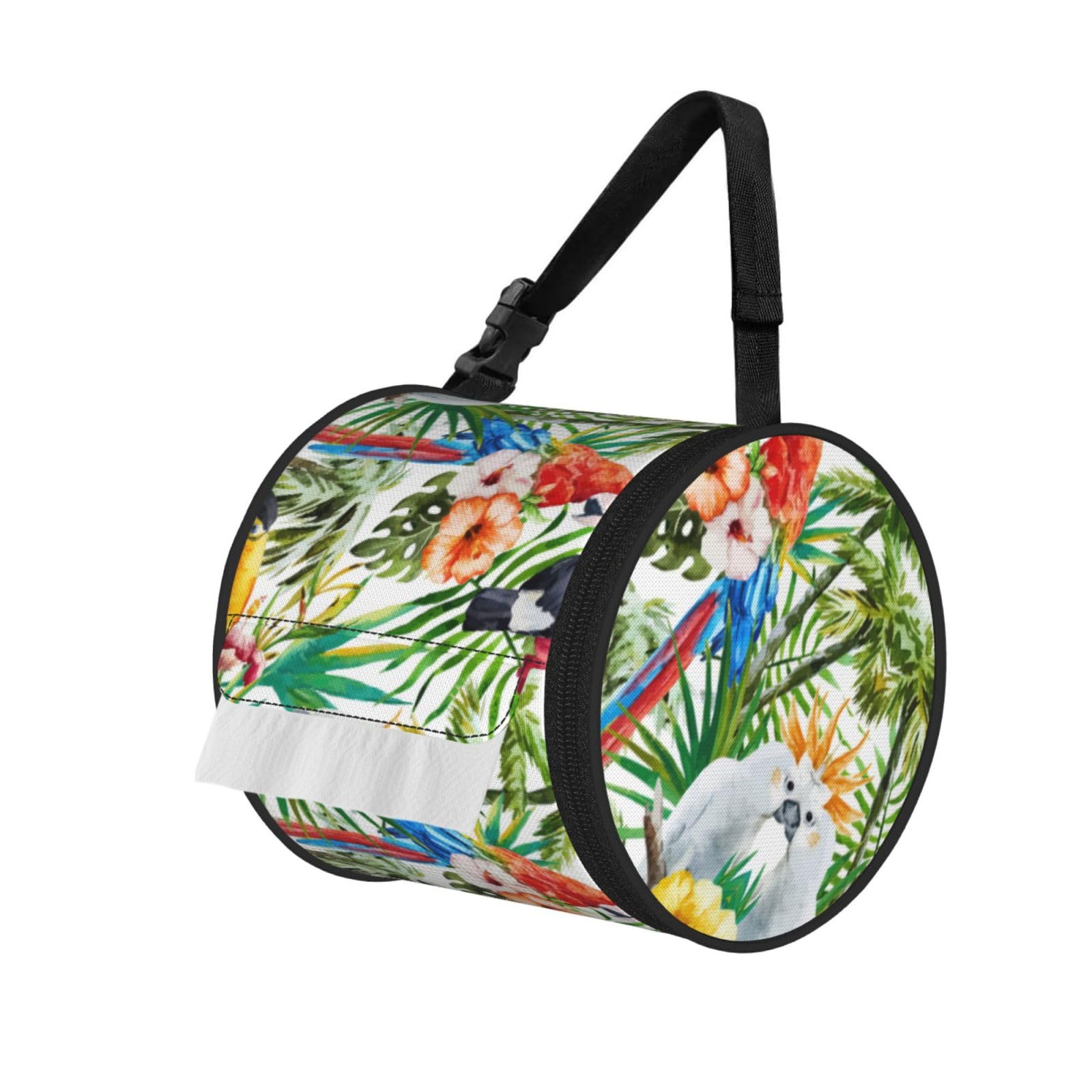 Toucans Parrot Palm Tree Leaves Print Cylinder Tissue Holder Bag With Strap, Portable Roll Dispenser Case For Car Rv Camping