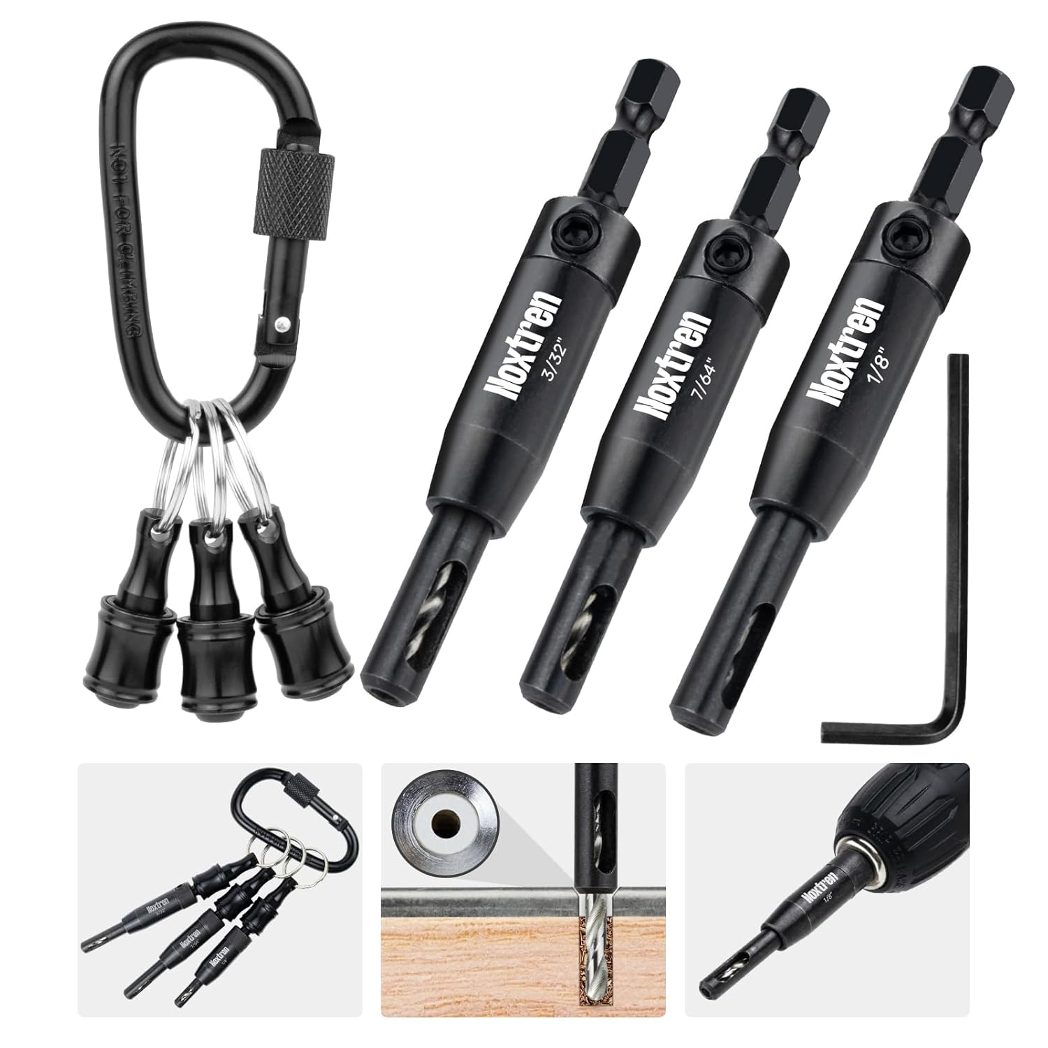6PCS Self Centering Drill Bit Set with Bit Holder Keychain, HSS VIX Hinge Drill Bits 3/32”, 7/64”, 1/8” with 1/4" Hex Shank for Precise Cabinet and Door Installation