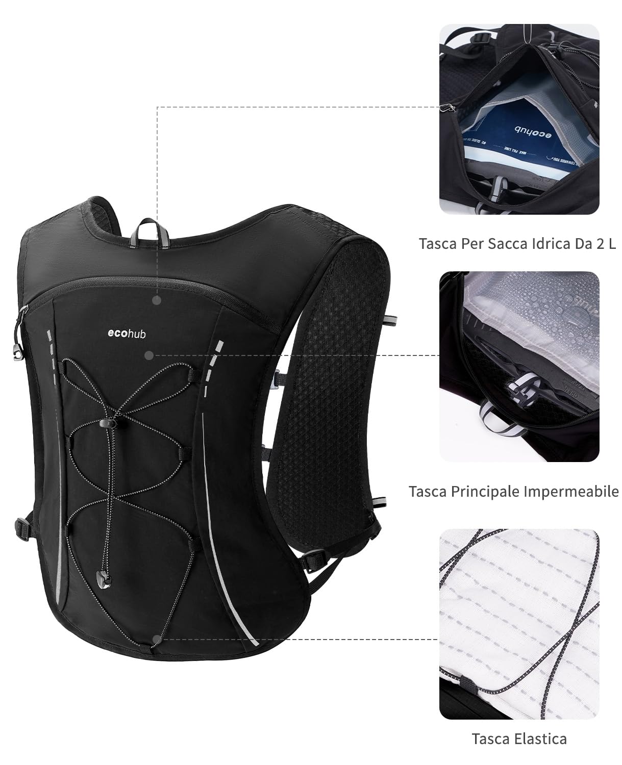 ECOHUB Zaino Trail Running Anti-Rimbalzo con Sacca Idrica 2L, Gilet Running Leggero e Traspirante con 6 Tasche, Zaino Idratazione Regolabili per Uomo, Donna, Corsa, Maratona, Ciclismo, MTB, Trekking