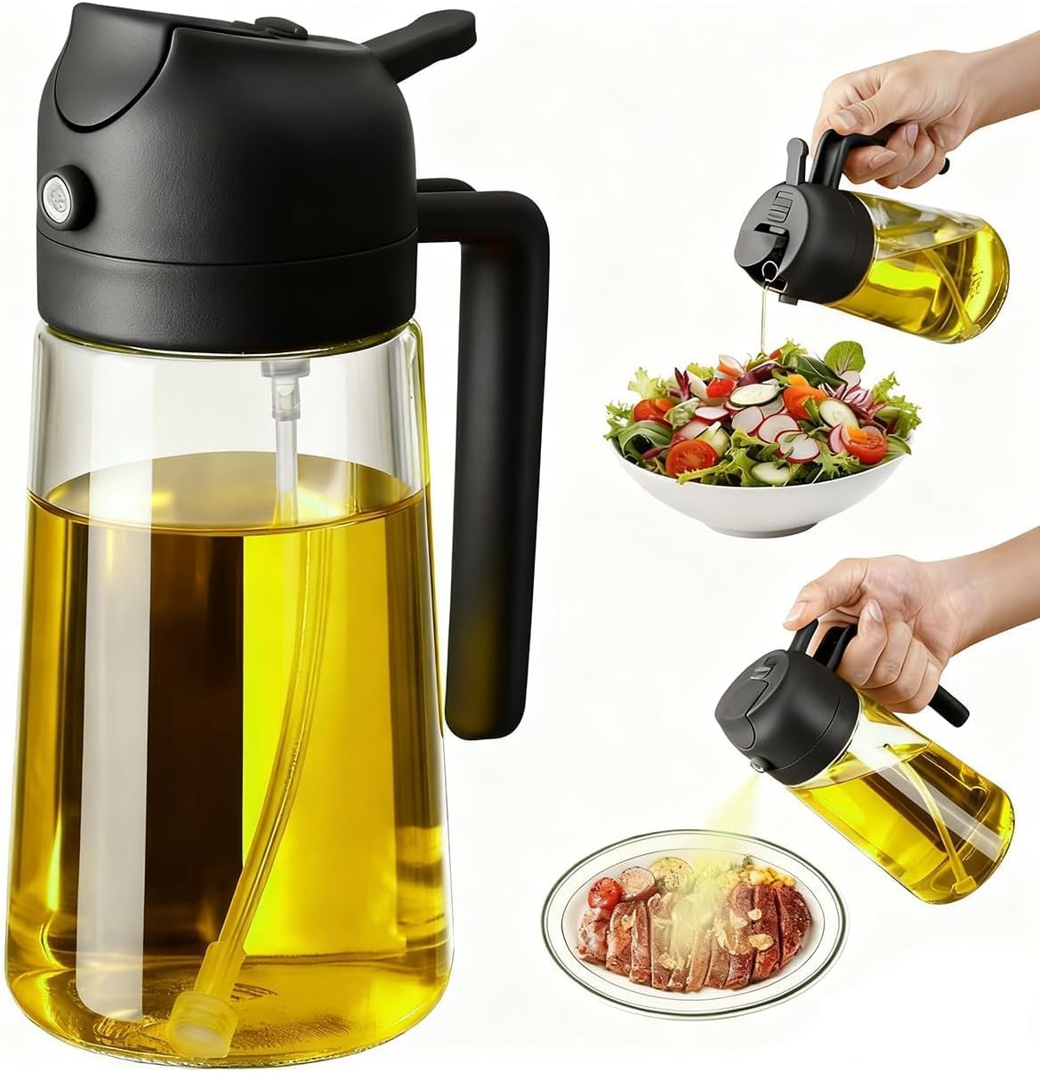 JIMYIU Spruzzatore d‘Olio in Vetro da 16oz / 470ml - Dispensatore d‘Olio d‘Oliva 2-in-1, Essenziale per Cucina per Friggitrici ad Aria, Insalate, Frittura, Grigliate e Cottura al Forno (Nero)