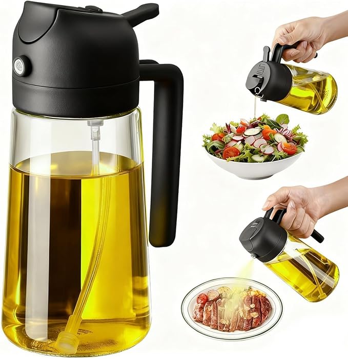 16oz / 470ml Glass Oil Sprayer - 2-in-1 Olive Oil Dispenser, Essential for Kitchen for Air Fryers, Salads, Frying, Grilling and Baking (Black)
