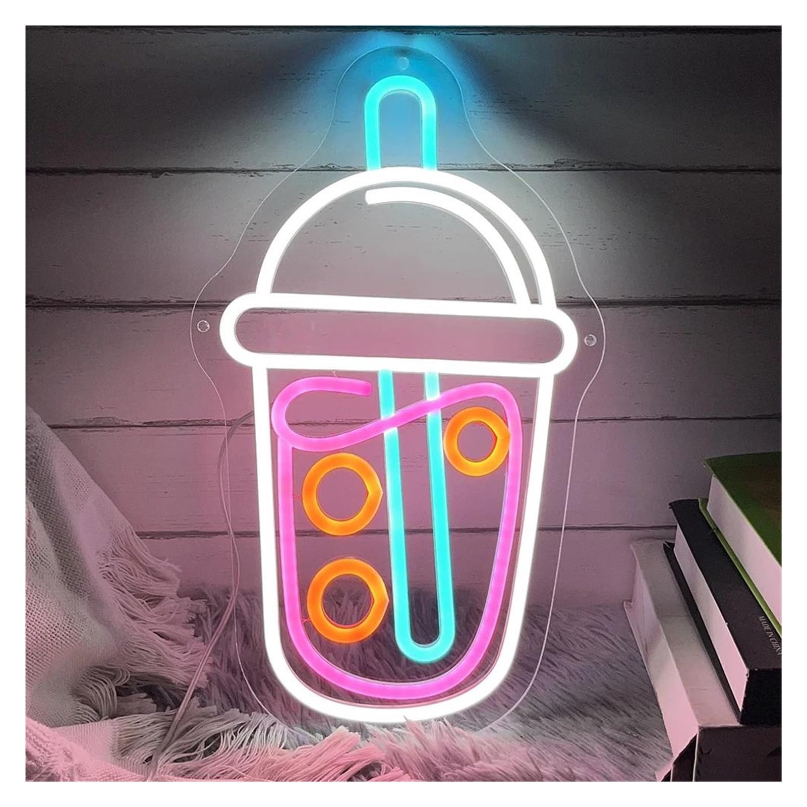 SHOUXI Sign Lamp Milk Tea Cup Neon Sign for Room Decor Mall Store Neon Hang Wall Decoration 45cm(C)