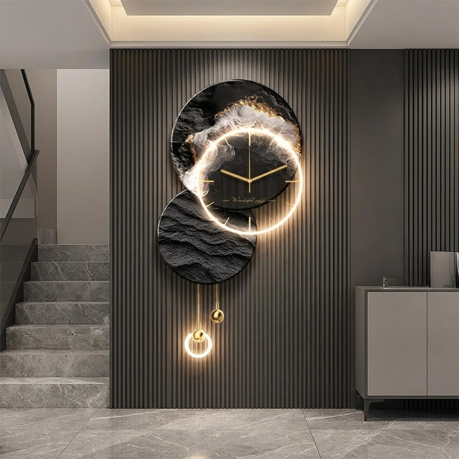 Orologio da Parete 3D LED Moderno, Decorazione Murale Luminosa Elegante | Orologio moderno 3D, luce LED integrata, design artistico in porcellana, silenzioso(B,33.5in*15.7in)