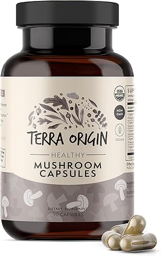 TERRA ORIGIN Cápsulas de hongos saludables Certificado USDA Orgánico 90 cápsulas vegetales Hongo Reishi, melena de león Potente apoyo