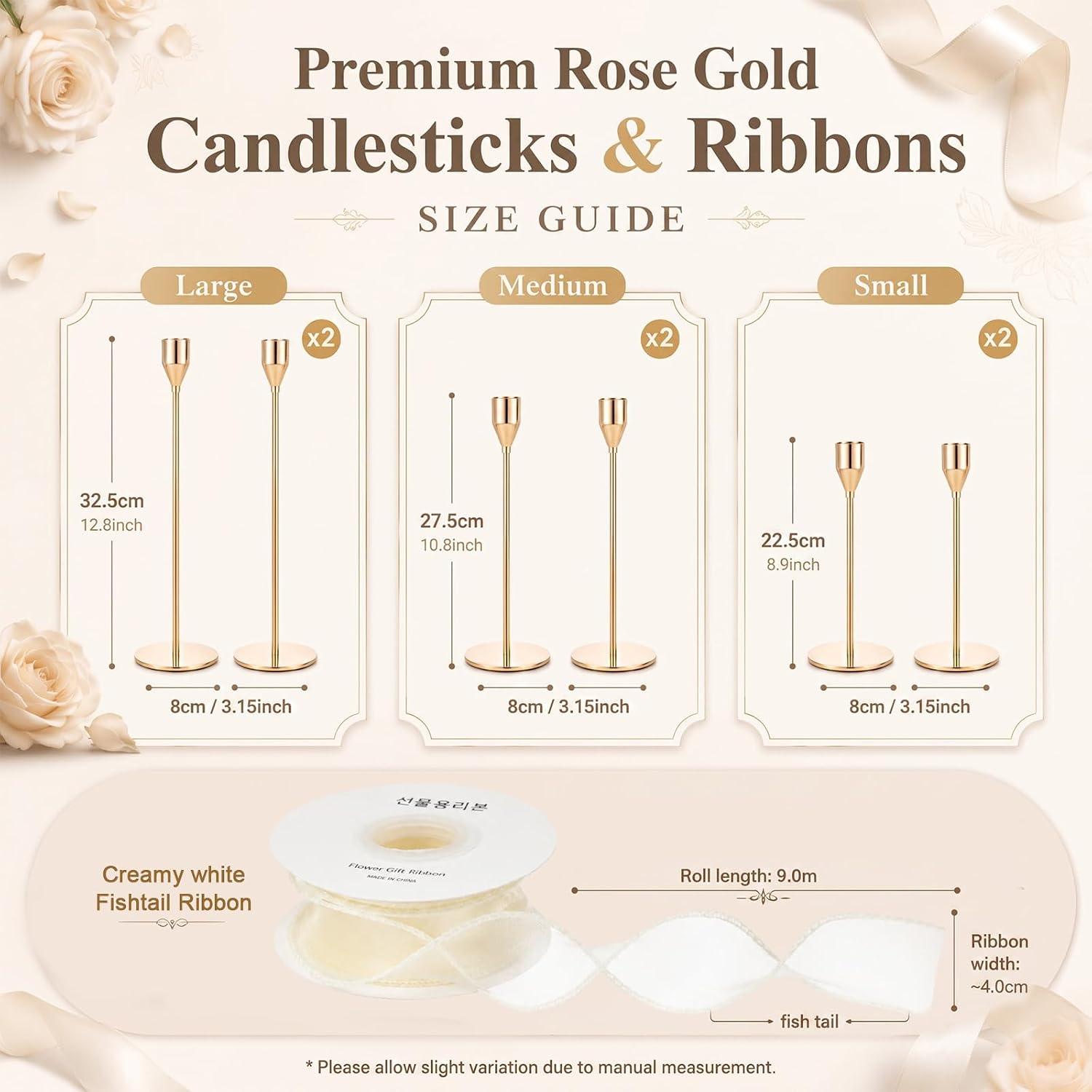 Set of 6 Gold Taper Candle Holder with Champagne Organza Bow, Christmas Bow Candle Holder Tall Candlestick Stand for Wedding Christmas Table Mantel Centerpiece Decoration