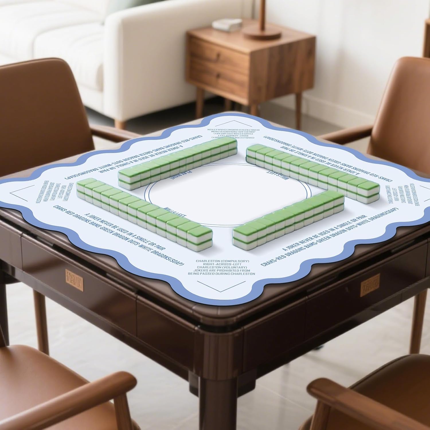 Scalloped Mahjong Mat Set with 1 Carrying Bag Anti Slip Noise Reduction Gaming Mat 31.5×31.5 Inch Blue Gaming Tablemat Mahjong Accessories Gifts Multi Purpose Game Table Cover for Board Tile Games