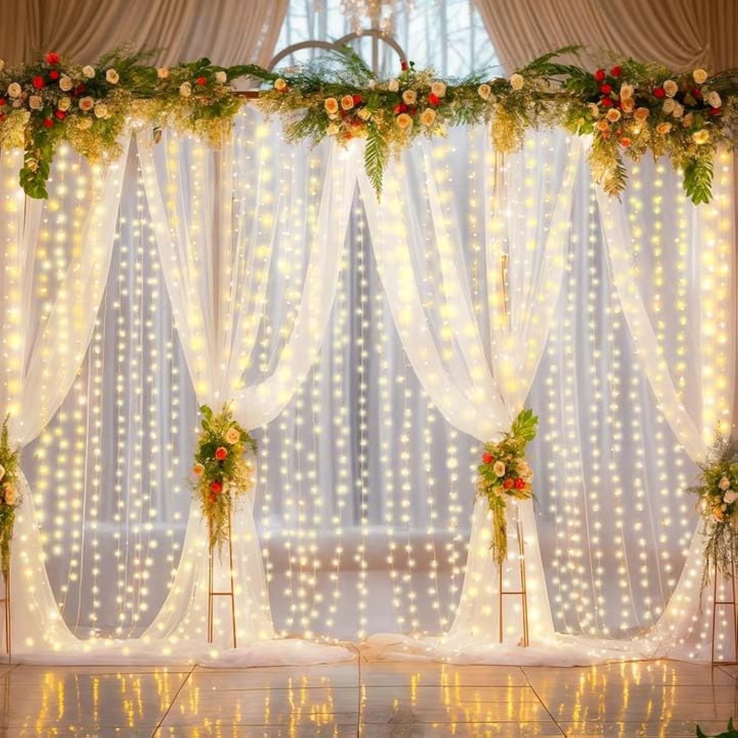 4 Panels White Sheer Tulle Backdrop Curtains with Lights String for Party Wedding Wrinkle Free Curtain Backdrops Drapes for Baby Shower Birthday Photo