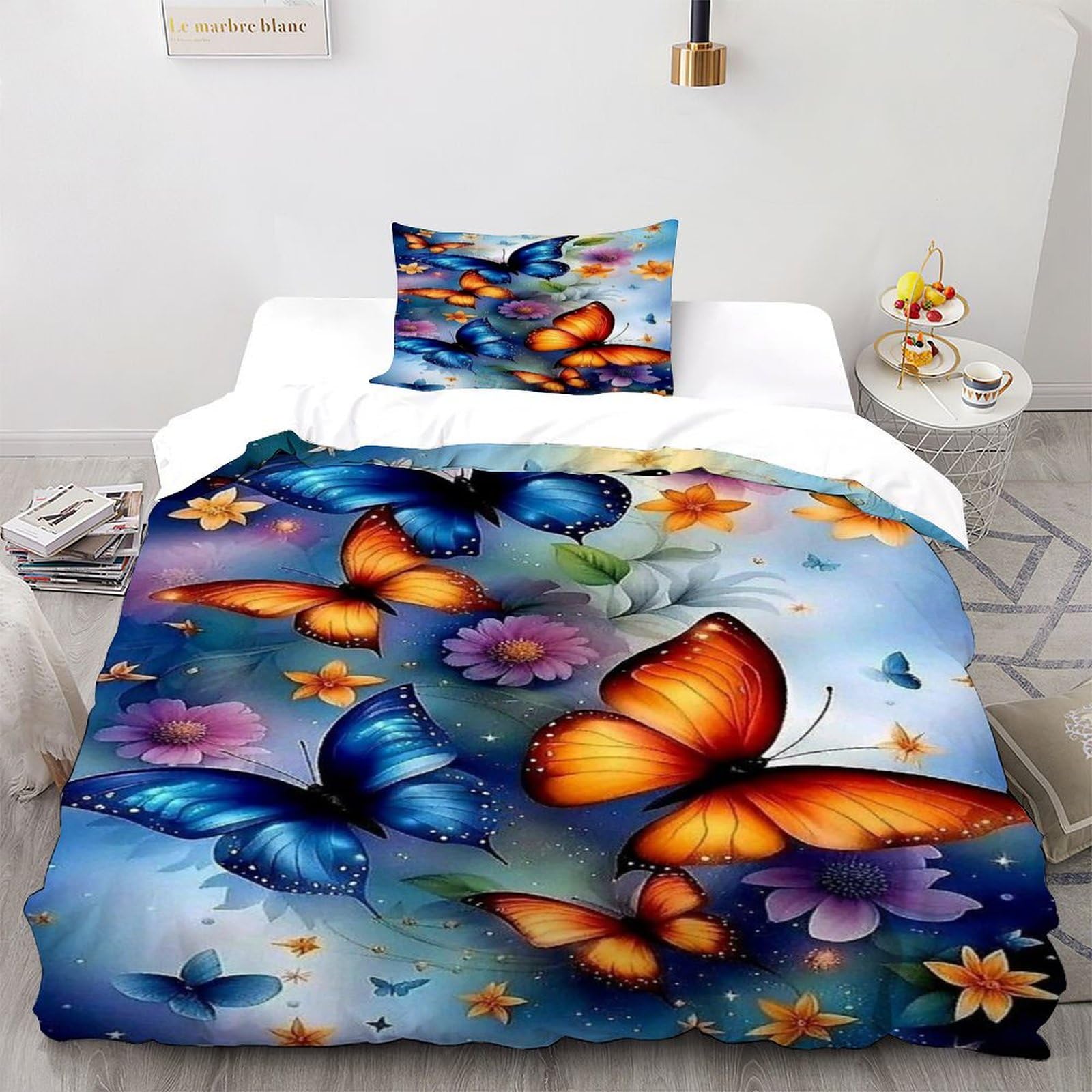 Housse de couette papillon bleu 135x200cm en microfibre avec sa taie d'oreiller pour lit simple