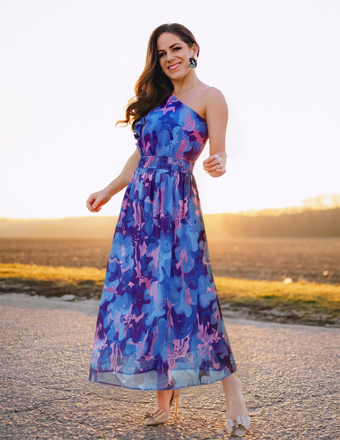 ZESICA Women's 2026 Boho Floral Sleeveless Maxi Dress Ruffle One Shoulder Elatsic High Waist Beach Party Long Dresses - Image 5