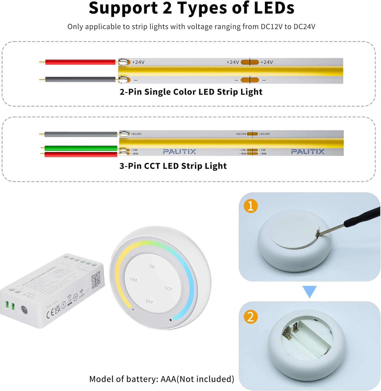 PAUTIX Single Color+CCT LED Controller Magnetic Panel Dimmer,2.4G RF Wireless Remote Control,288W High Output 2-in-1 LED Controller/Driver,for 2835/3528/5050/COB/CCT PWM LED Strip Lights,12V 24V - Image 7