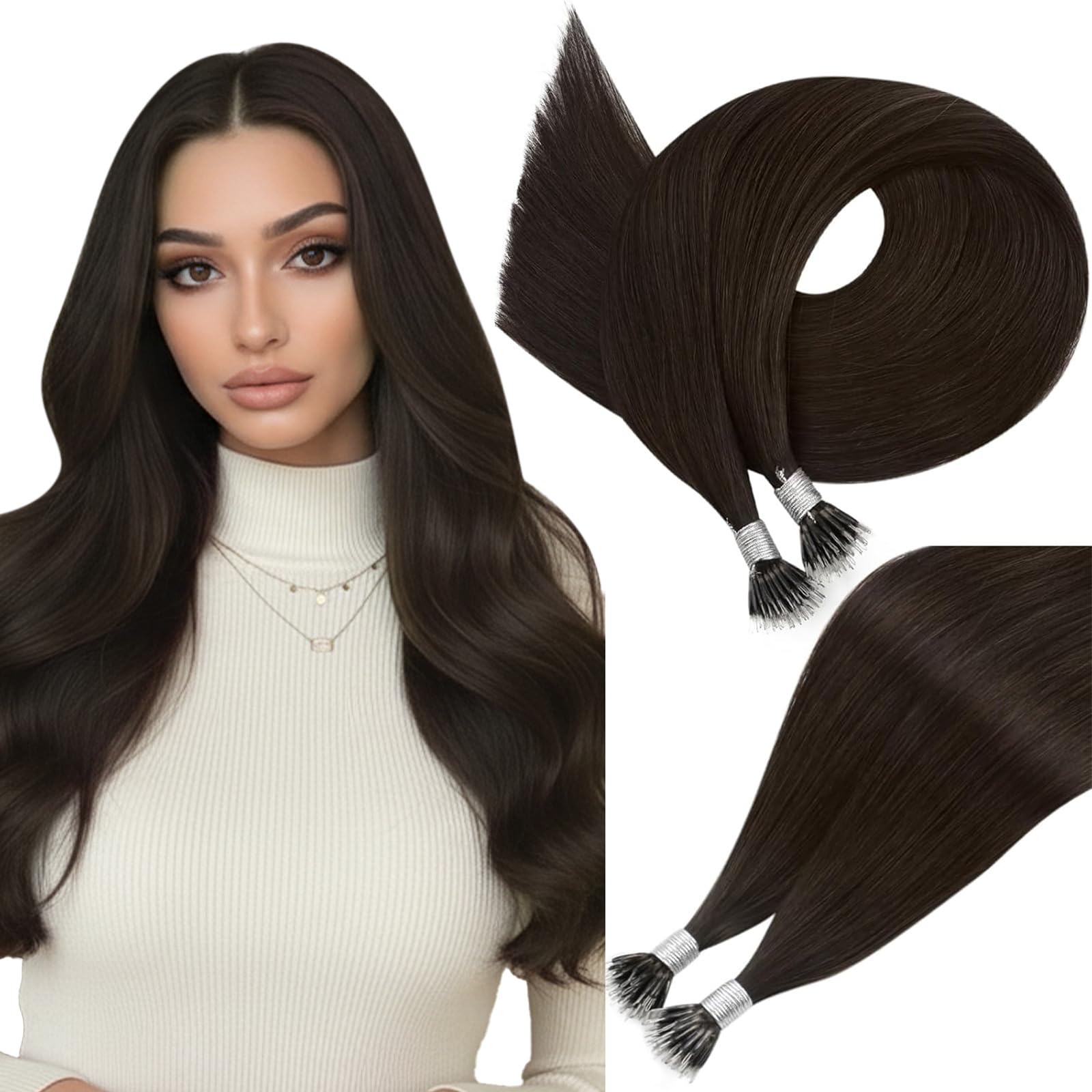 Easyouth Nano Hair Extensions Human Hair Dark Brown Nano Ring Hair Extensions Human Hair Brown 18 Inch 50g Nano Hair Extension for Daily Wear 50s Cold