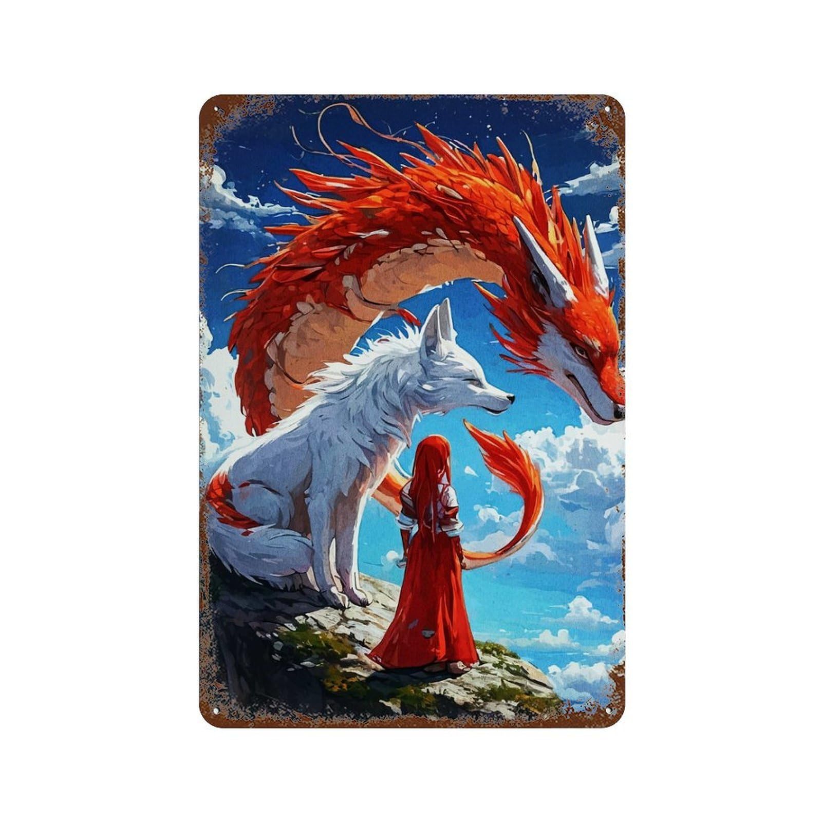 Fantasy Scene Girl, Wolf, And Dragon Distressed Metal Wall Sign 11.8"x7.9", for Garage, Bar And Workshop Decor, Decorative Metal Wall Art