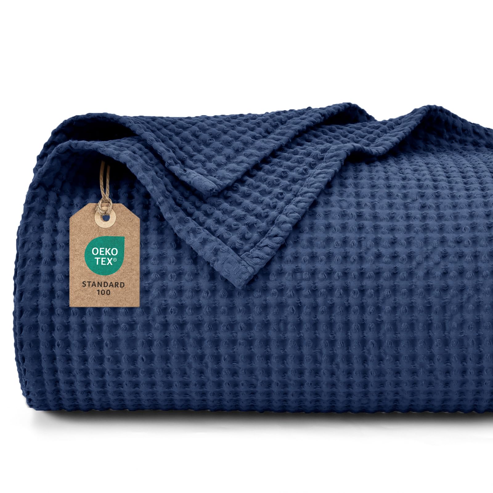 PHF 100 % algodón waffledecke Kuschedecke 150 x 200 cm, ligera y transpirable, perfecta para el verano - Öko-Tex® certificada - calidad de ropa de hotel, ideal para sofá, cama, azul marino OEKO-TEX STANDARD 100