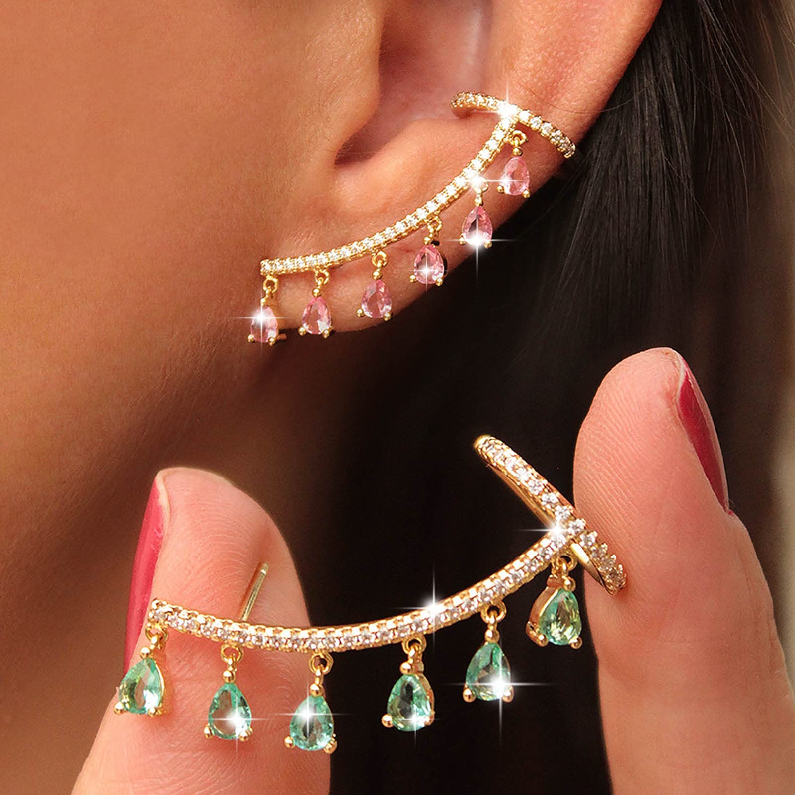 Atentuyi Pendientes Cristal Boda Oro Cz Escalador Pendientes Diamantes Imitación Pendientes Diamantes Pendientes Oreja Cz Huggie Pendientes Clip Cartílago Pendientes Novia Joyas Para Mujeres Y Niñas
