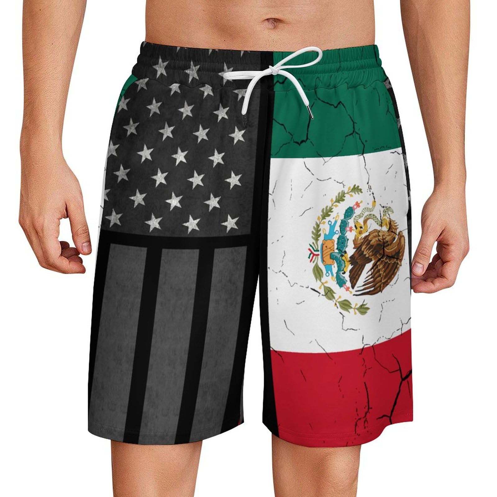Fashion Vintage Mexico Michoacan Mexican and America Flag 1 Men's Graphic Shorts Swim Trunks Quick Dry Swim Shorts Mens Swimsuit Board Casual Shorts with Pockets 4XL
