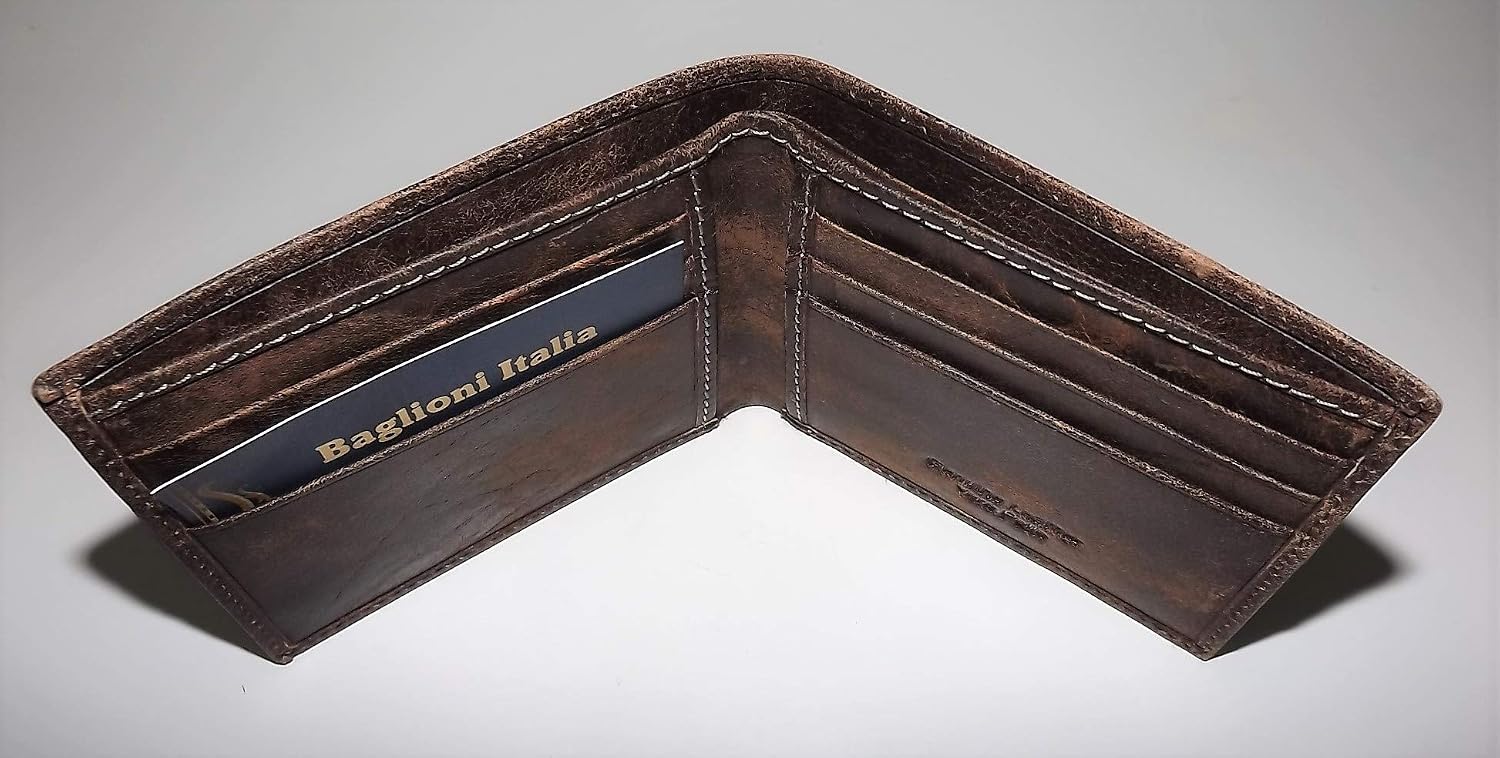 Baglioni Italia Men's Vintage Aviator Leather Bifold 6 Pocket Wallet Brown