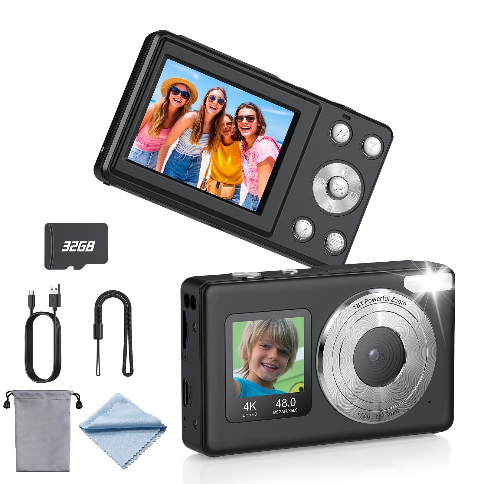 eSynic Appareil Photo Numérique 4K 48MP 18X Zoom Numérique Deux Écrans LCD Carte Mémoire 32 Go Noir