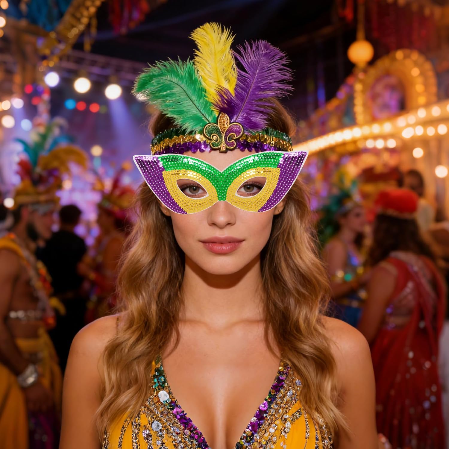 Fumwase 3Pcs Mardi Gras Accessory Set Feather Headband Mask Tutus for Women Halloween Carnival Cosplay Party Adult - Image 7