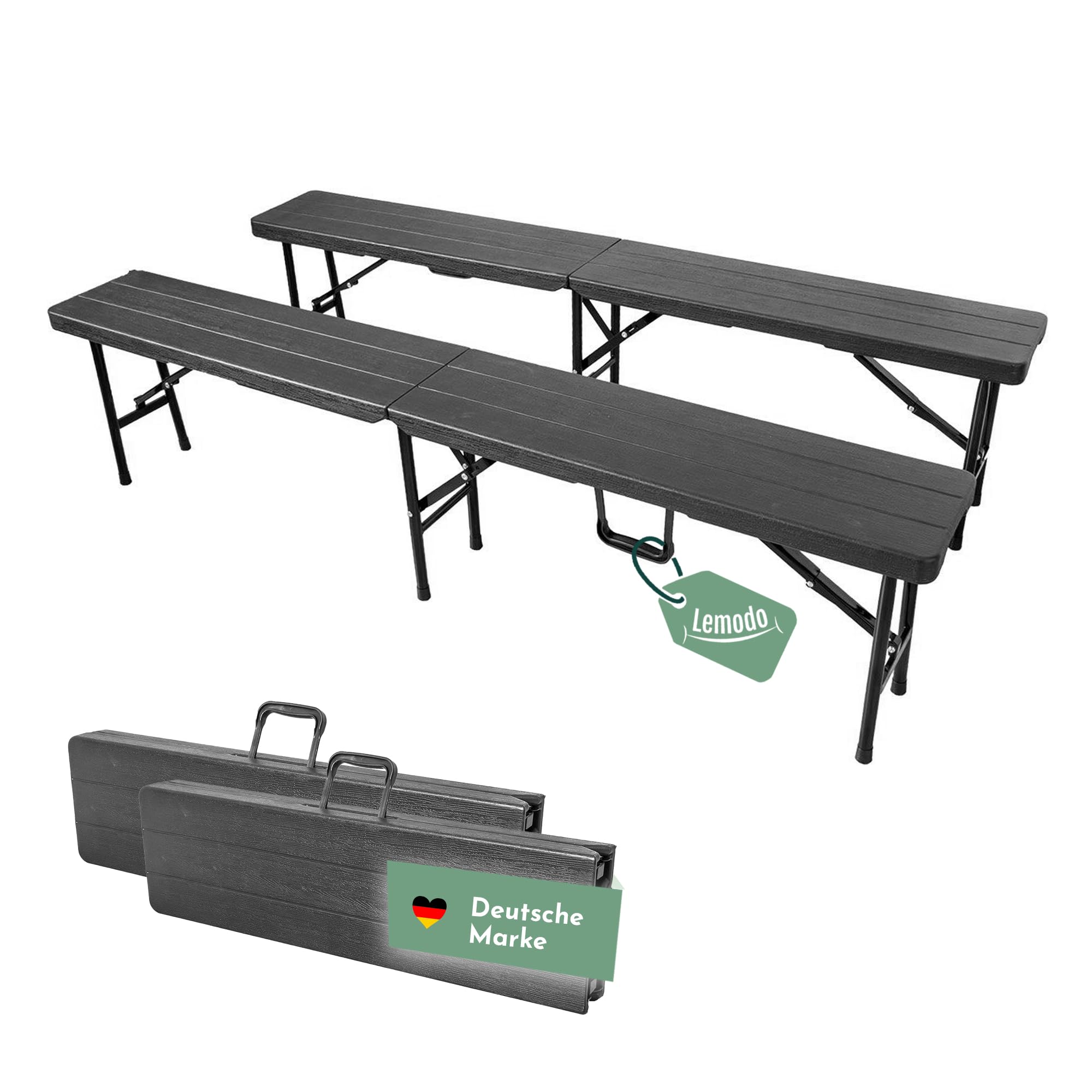 Lemodo Klappbank 2er Set – klappbare Bierbank 180 x 25 cm, bis 400 kg pro Bank belastbar, stabile Sitzbank für Garten, Camping und Feste, Holzoptik, platzsparend mit Tragegriff für 4 Personen