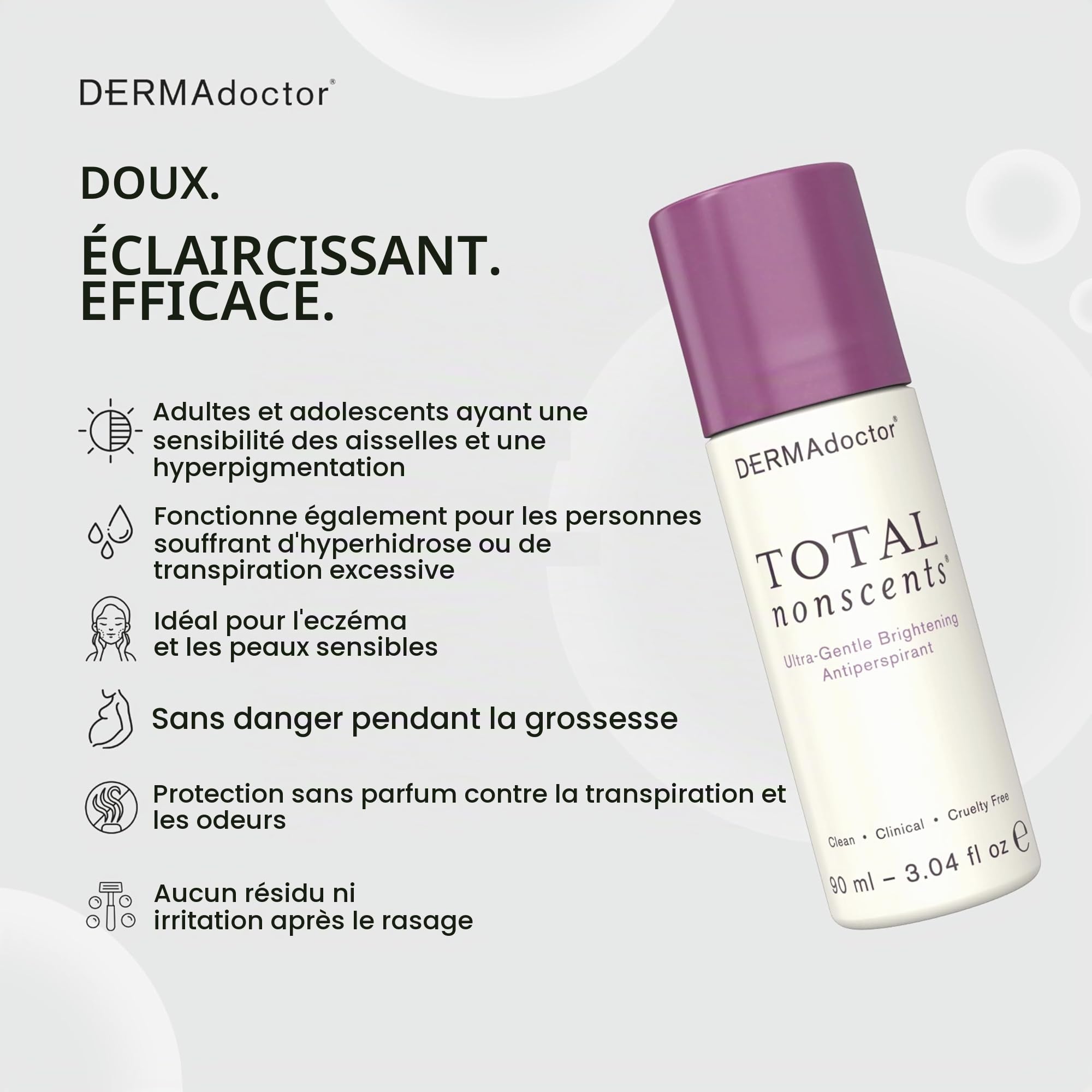 DERMAdoctor Déodorant Femme et Homme Total NonScents – Deodorant Anti Transpirant Femme Ultra-Doux Peaux Sensibles, Éclaircissant Teint Aisselles, Sans Parfum, Hypoallergénique Roll-On 90 ml