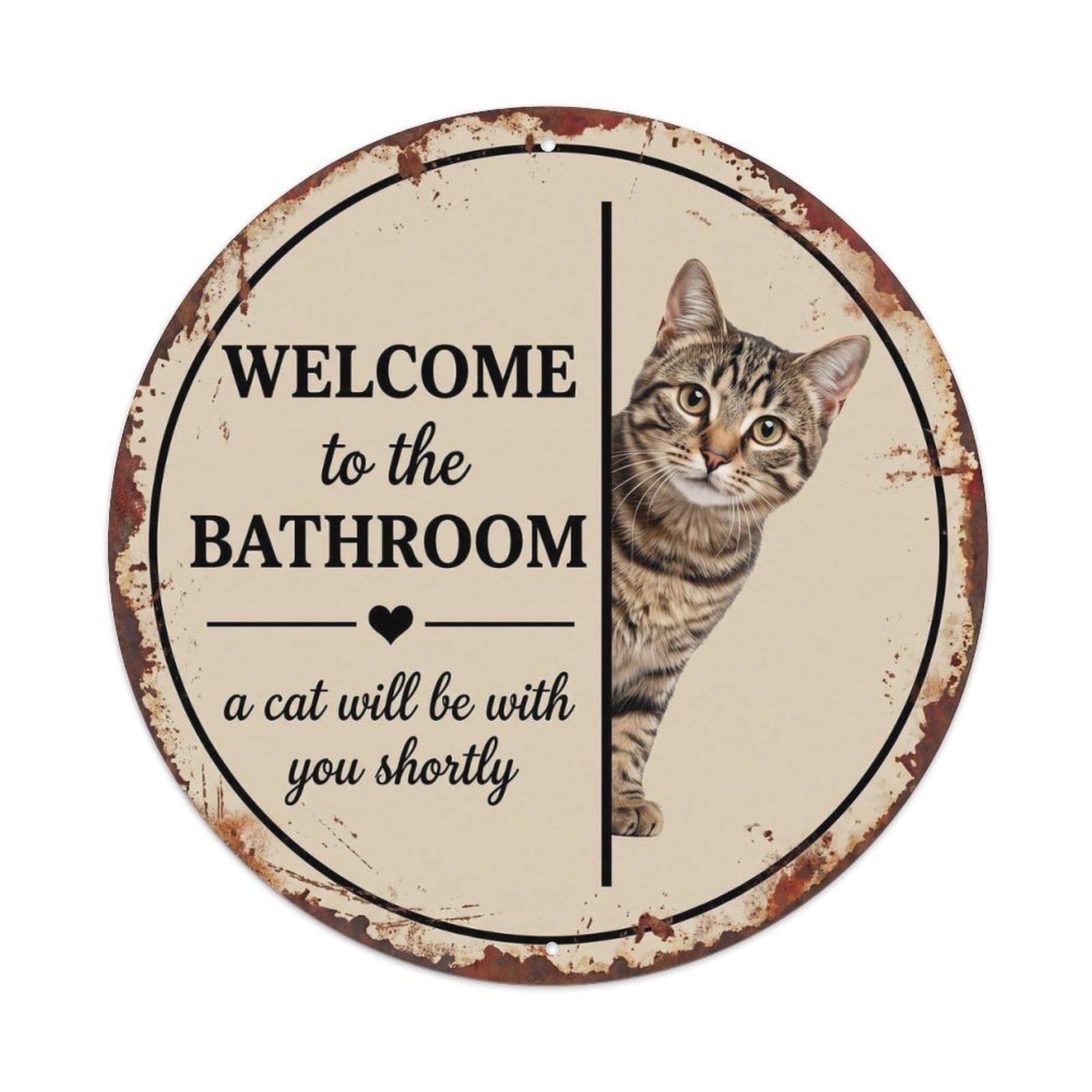 Vintage WELCOME To The BATHROOM Striped Cat Metal Tin Sign