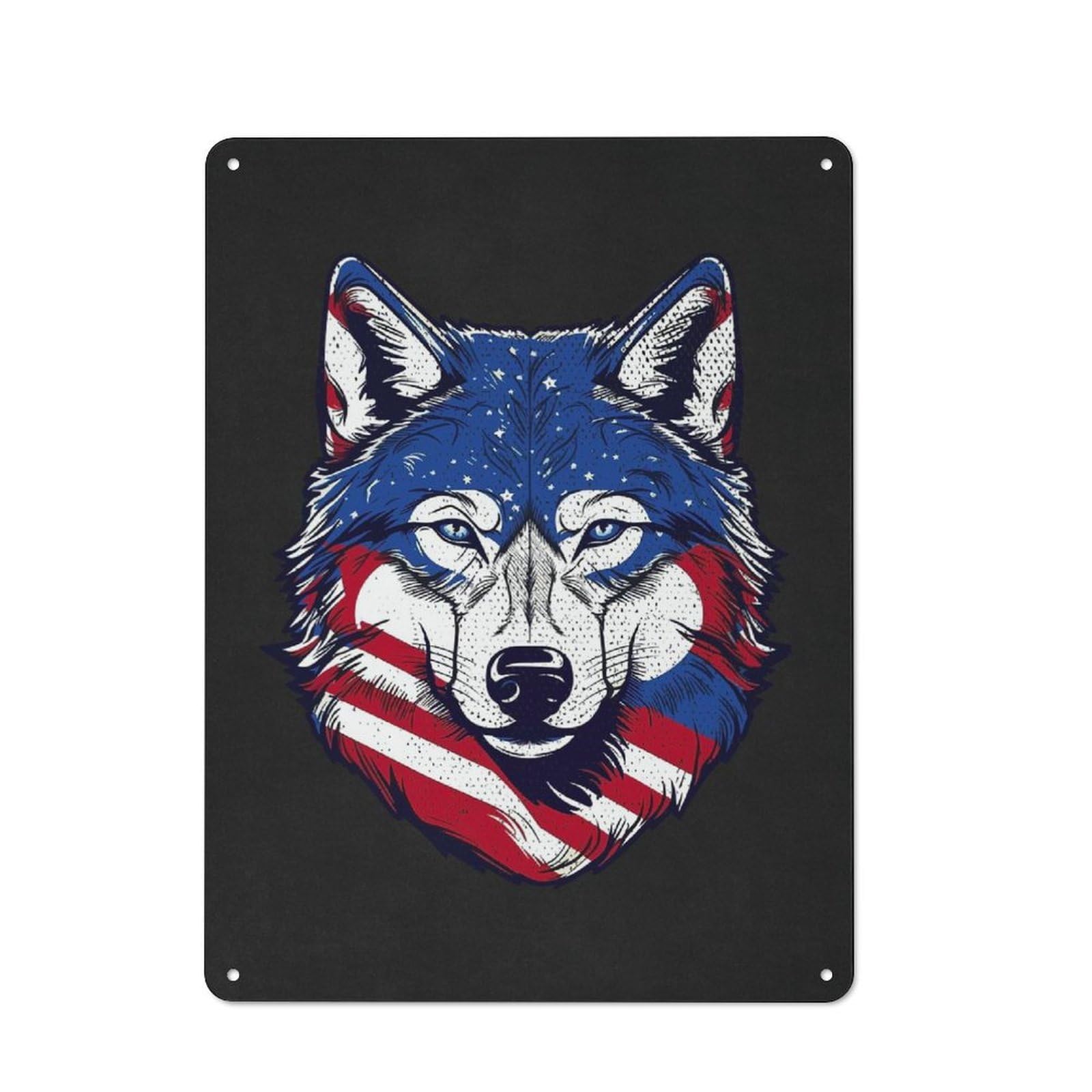 Junmoney Wolf Us Flag Patriotic Distressed Look Decorative Tin Sign 40X30cm, Vintage Wall Decor For Lounge, Study, Pub Or Wall Gallery