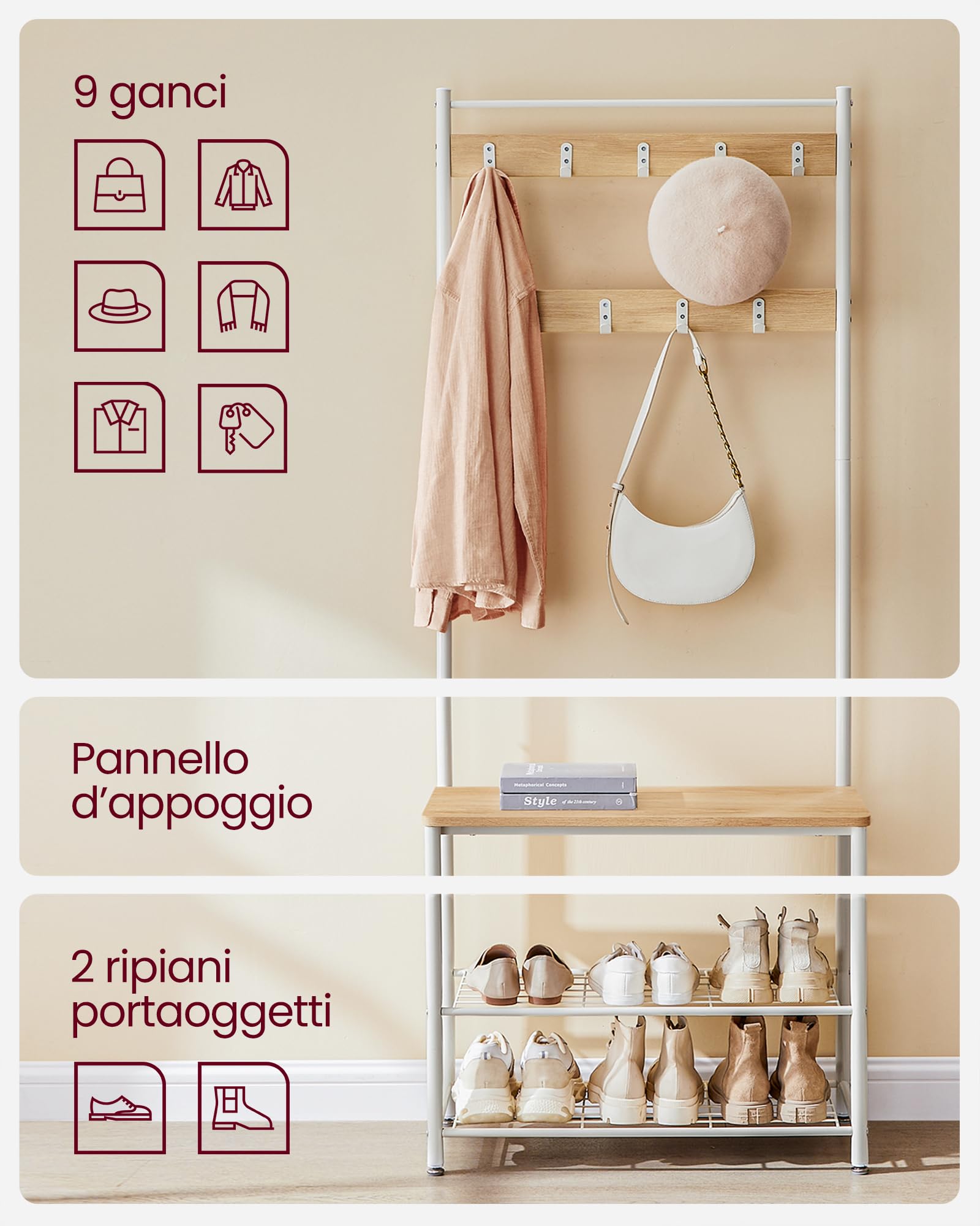 VASAGLE Appendiabiti con Scarpiera, Mobile da Ingresso con Panca, 3 in 1, Struttura in Acciaio, per Entrata Corridoio, 32 x 70 x 177 cm, Stile Moderno, Rovere e Crema HSR041W09