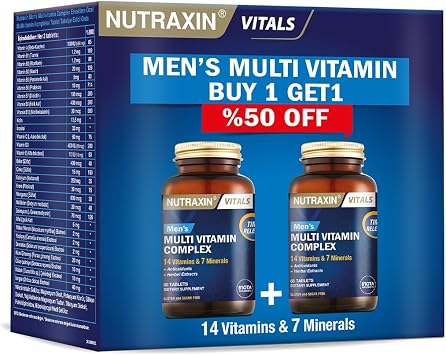 Nutraxin Multi Vitamin Complex Men's | Erkeklere Özel Multivitamin | 14 Vitamin + 7 Mineral + Bitkisel Ekstreler | Zaman Salınımlı | 2.% 50 İndirimli Avantaj Paketi