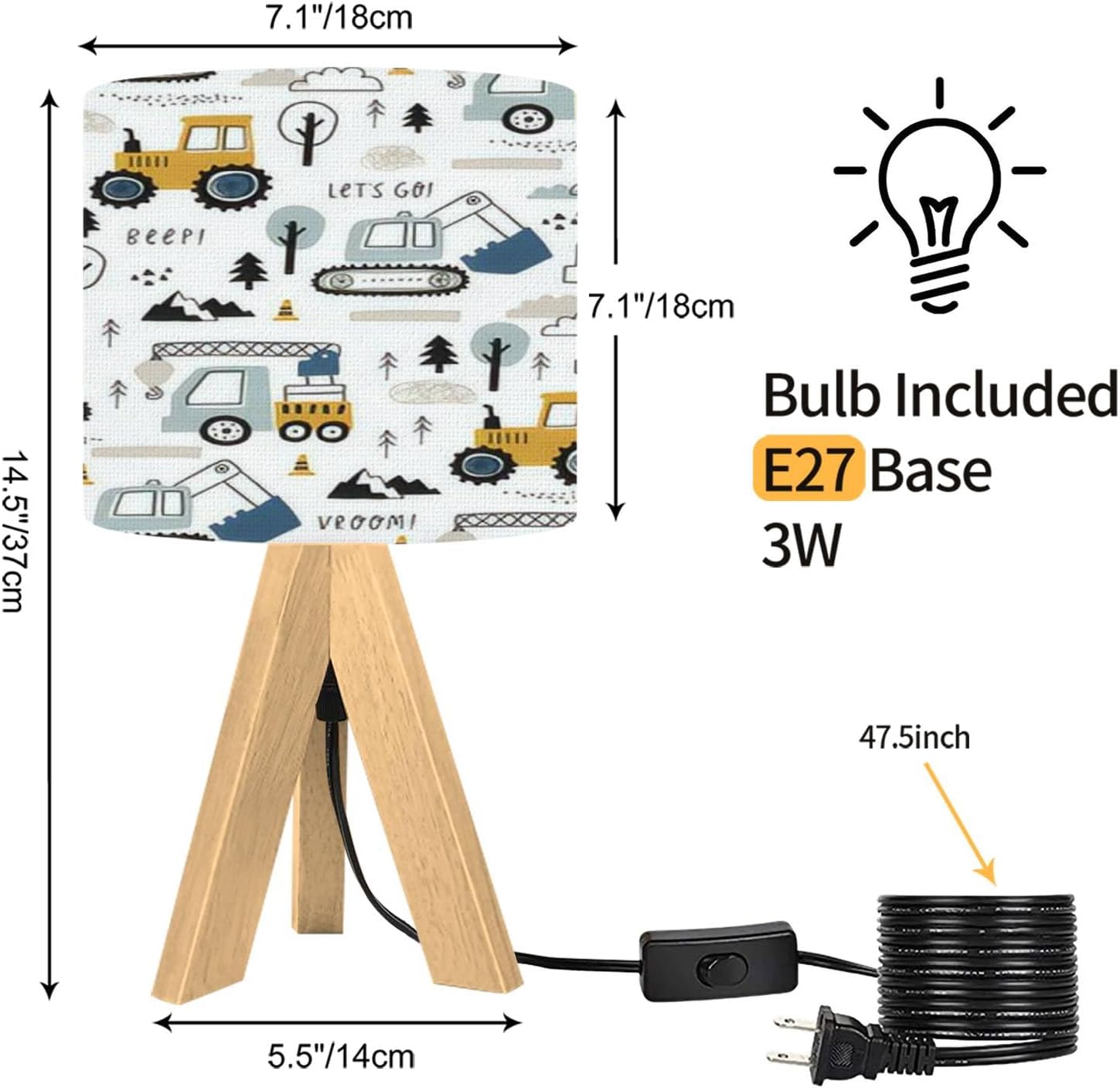 Tripod Table Lamp Hand drawn cute Truck crane bulldozer excavator Boho Seamless pattern Modern Bedside Dimmable Desk lamp Wooden Base Fabric Lampshade for Kids Room, Nursery, Bedroom, Living Room