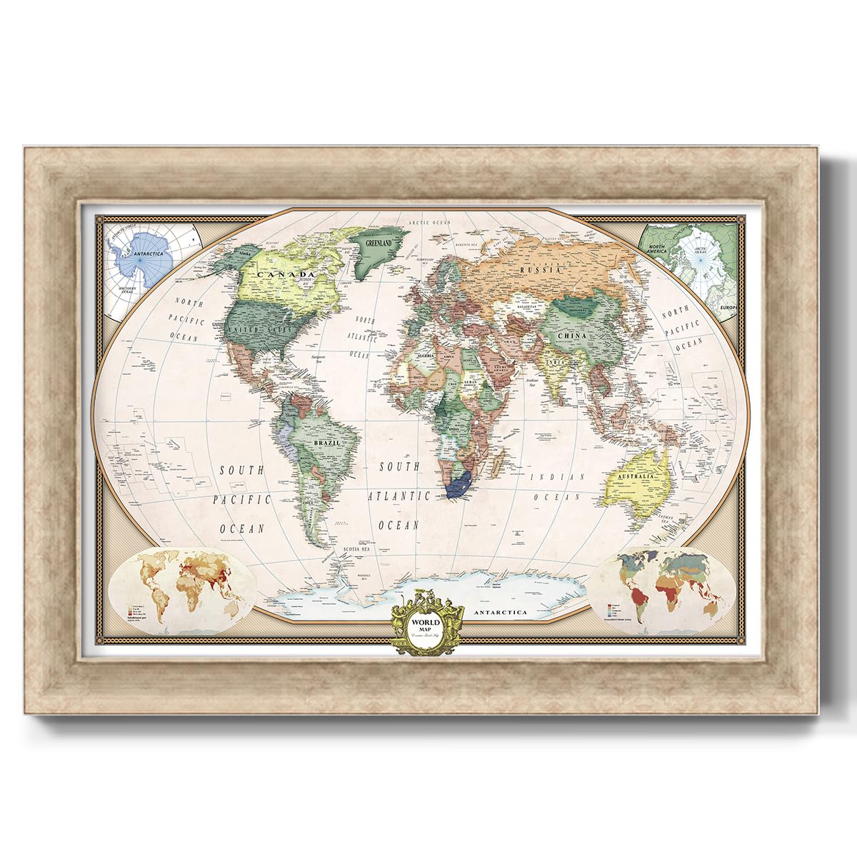 Renditions Gallery Colorful World Map Canvas Wall Art with Champagne Gold Frame Wall Hanging Travel Map with Push Pins for Home, Office, Classroom