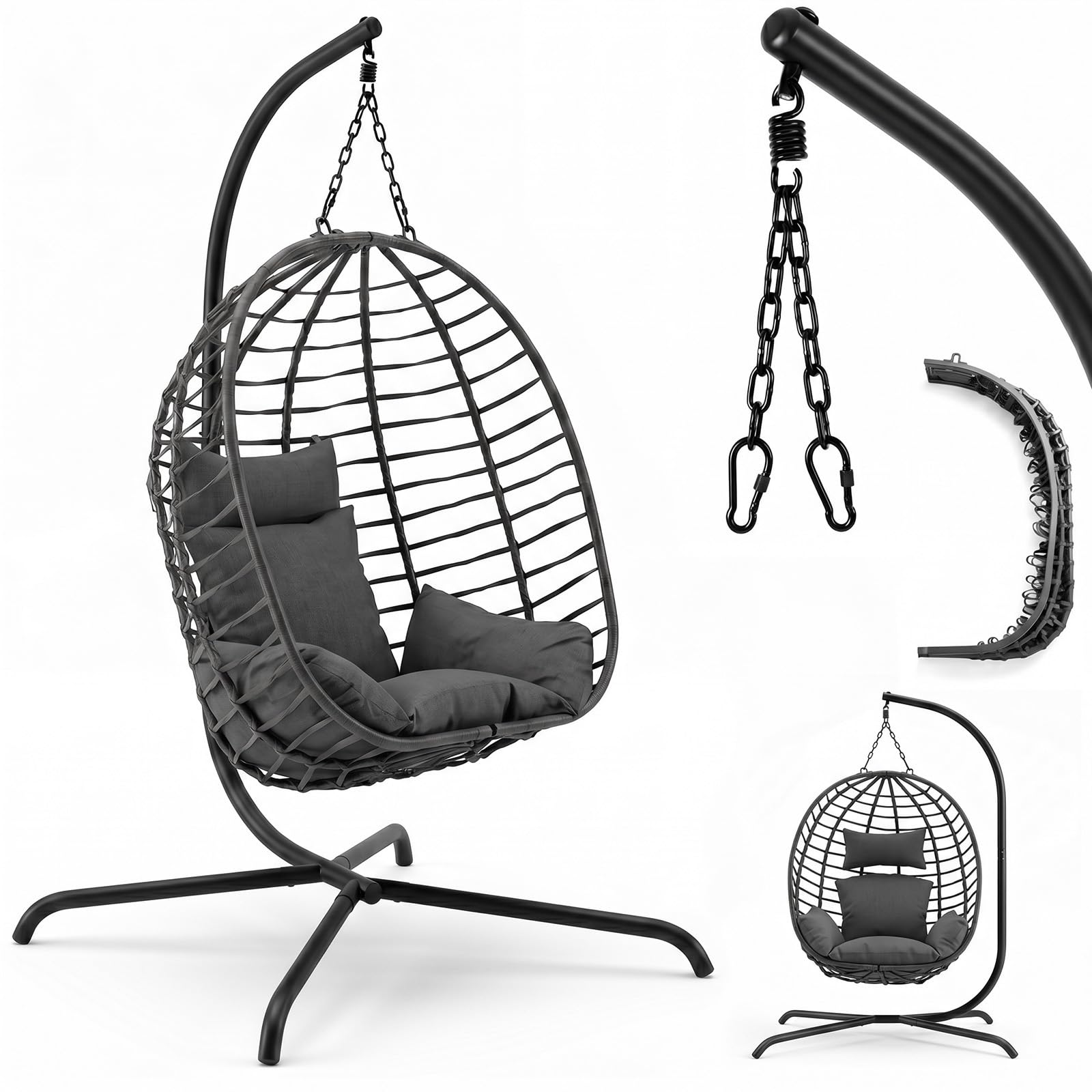 Sekey XXL Hängesessel mit Gestell, 93 cm Breiter Hängekorb mit Dickem Kissen (2 kg), bis 150 kg, Faltbarer Sitzkorb, 2-Punkt-Aufhängung & Kippsichere X-Basis, für In- & Outdoor, Balkon, Garten