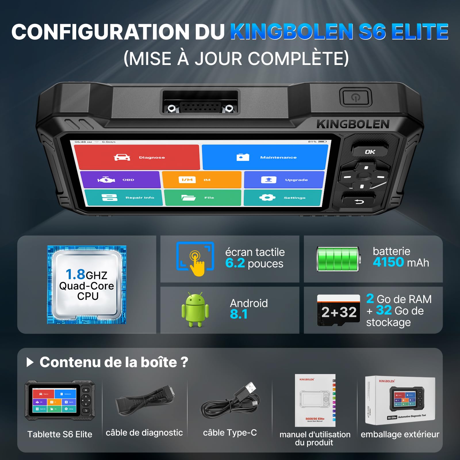 KINGBOLEN S6 Elite Valise Diagnostic Auto, OBD2 Diagnostic Français pour système Complet avec 15+ Réinitialisations, Contrôle Bidirectionnel, CANFD＆FCA