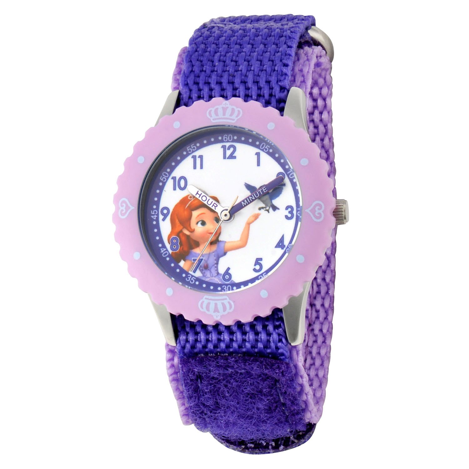 Disney Kids' W001068"Sofia Time Teacher" Stainless Steel Watch with Purple Nylon Band, purple, NO SIZE