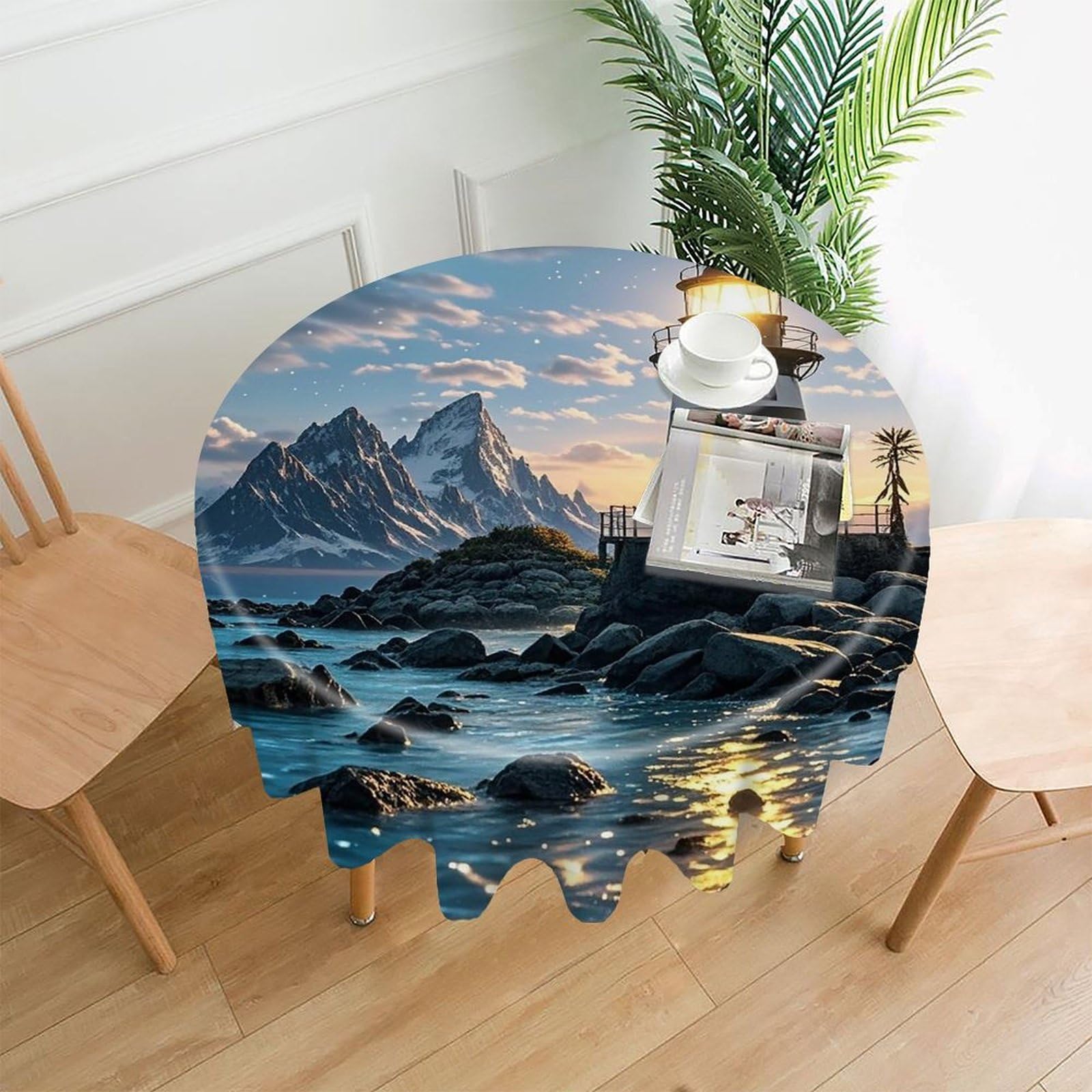 LZQPOEAS Lighthouse by The Sea Tablecloth Decorative Round Table Cloth Wrinkle Resistant Round Tablecloth Washable Circle Table Cover for Kitchen Dining Party Wedding Camping 60 Inch