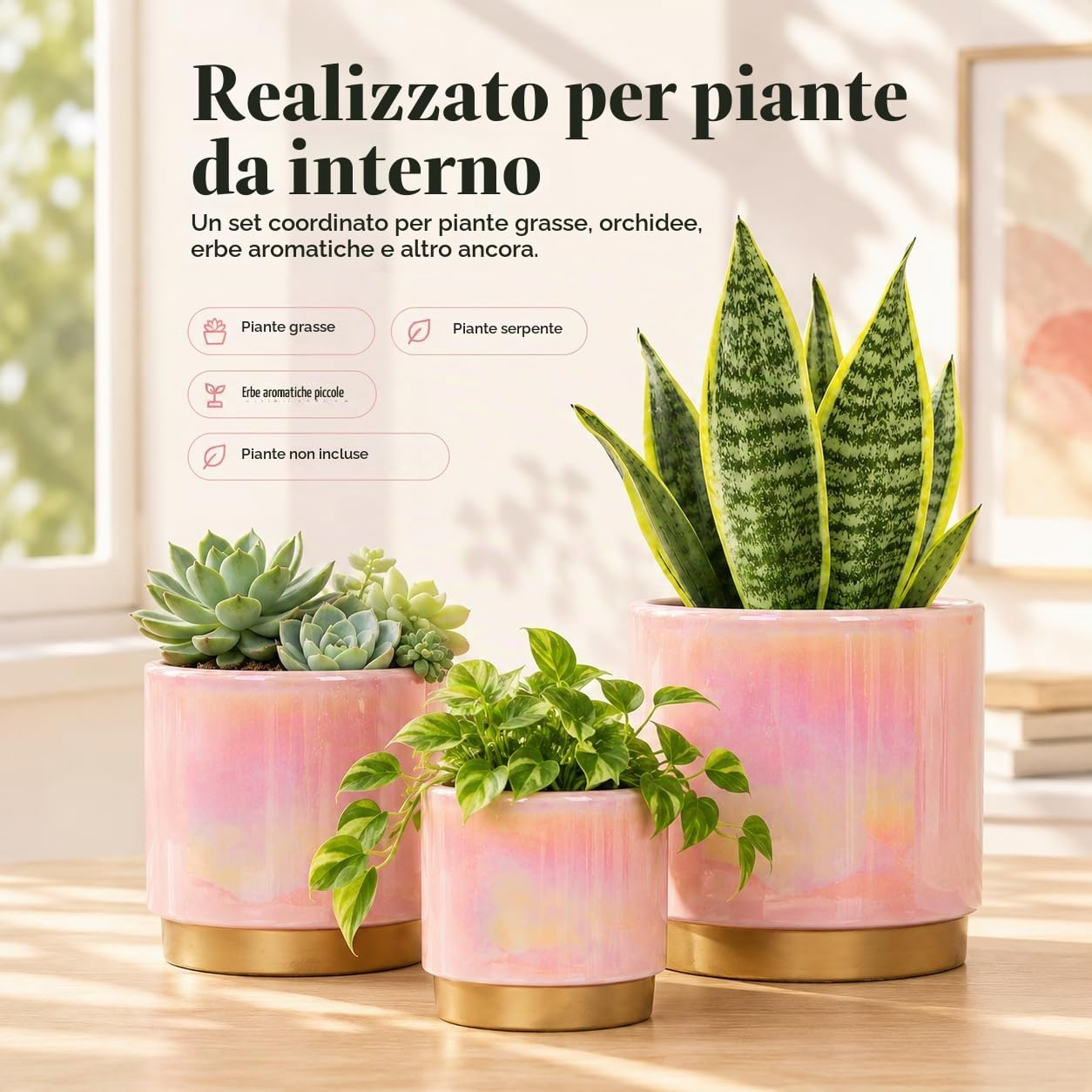 Gepege Vasi per piante da interno rosa per piante, fioriera in ceramica con foro di drenaggio, 15,2 cm + 12,7 cm + 10,2 cm. Vaso per fiori di orchidee succulente - Smalto arcobaleno perlato
