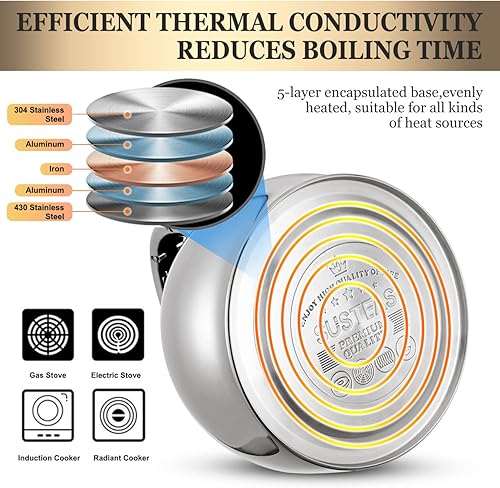 Miniatura 3 de SUSTEAS Tetera silbante para estufa, tetera de acero inoxidable de grado alimenticio con mango ergonómico de tacto fresco, con 1 guante de silicona