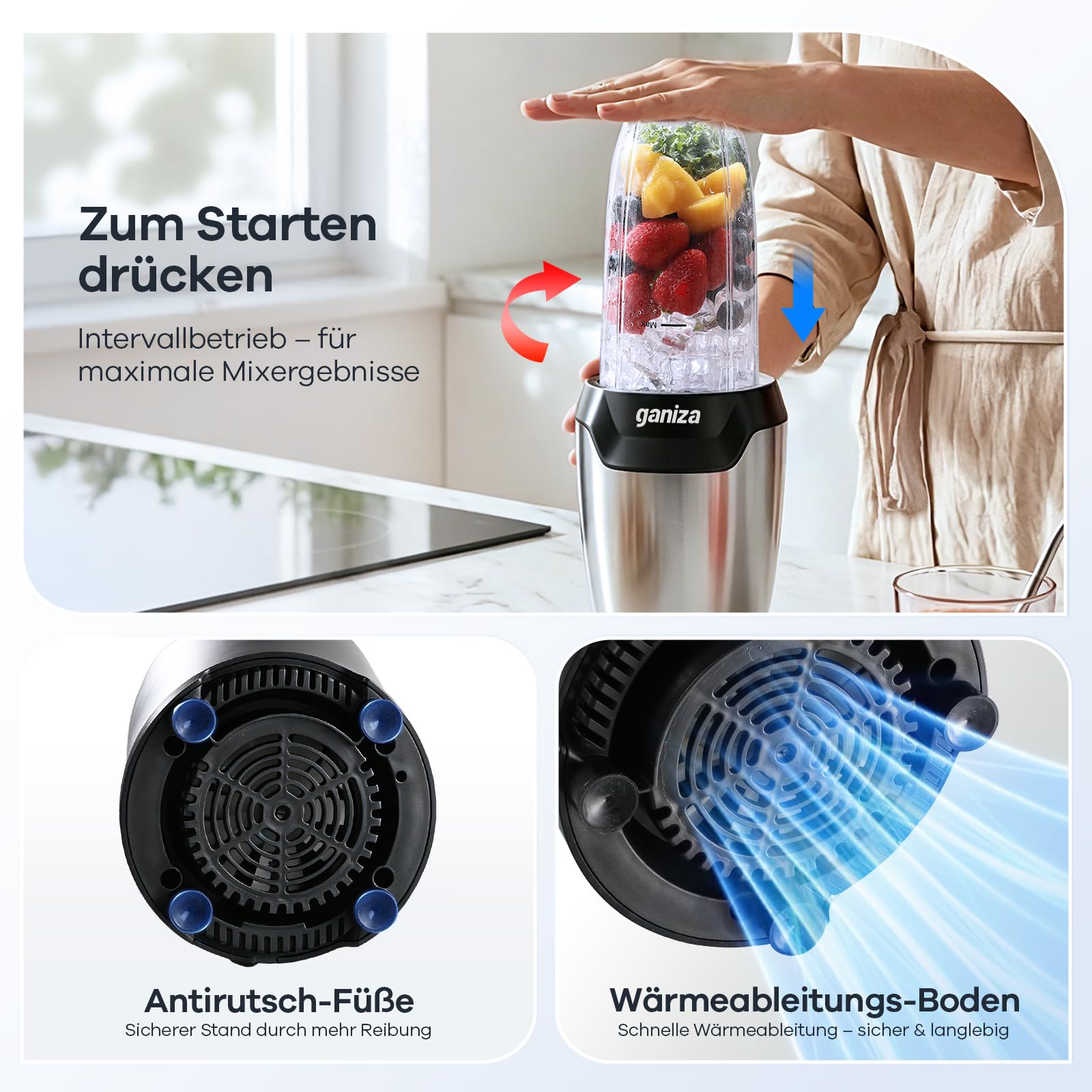 Ganiza Mixer, 1300W Smoothie Maker, Standmixer mit 3 Tragbare Mixbechern(2×1100ml & 1×660ml), Sechsklinge aus Edelstahl, BPA-Frei, Leicht zu Reinigen, Blender elektrisch für Milchshakes, Eis-Crush