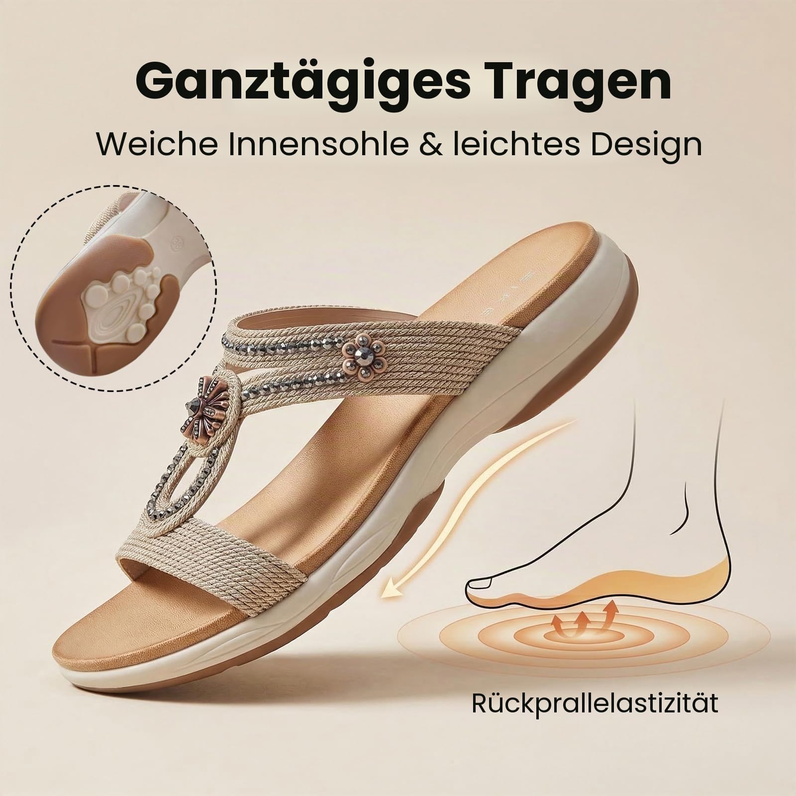 Damen Pantoletten mit Fussbett, Bequeme Sommerschuhe mit Strass Dekor, Rutschfeste Pantoletten, Komfort Sandalen für Freizeit Urlaub und Alltag